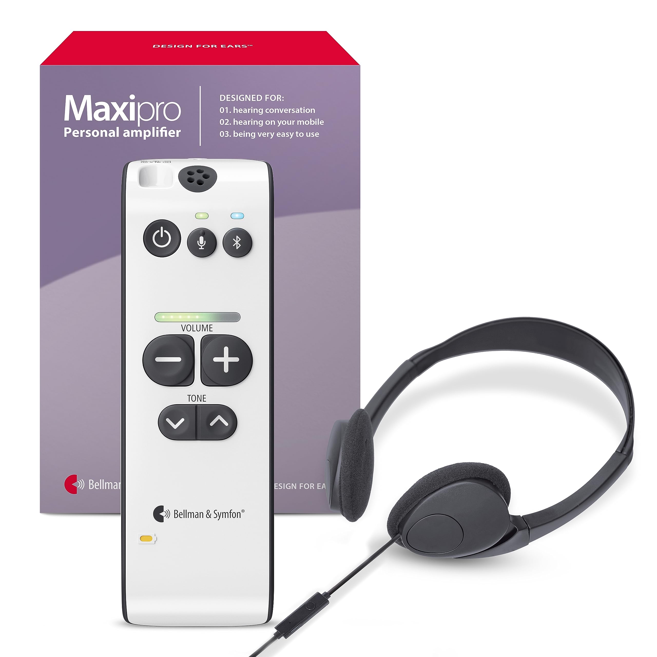 Bellman & Symfon Maxi Pro Bluetooth Hearing Amplifier with Wireless Headphones - Rechargeable Digital Hearing Aid for Seniors - Wireless Phone Connectivity - Perfect for TV Watching, Conversations & Outdoor Activities