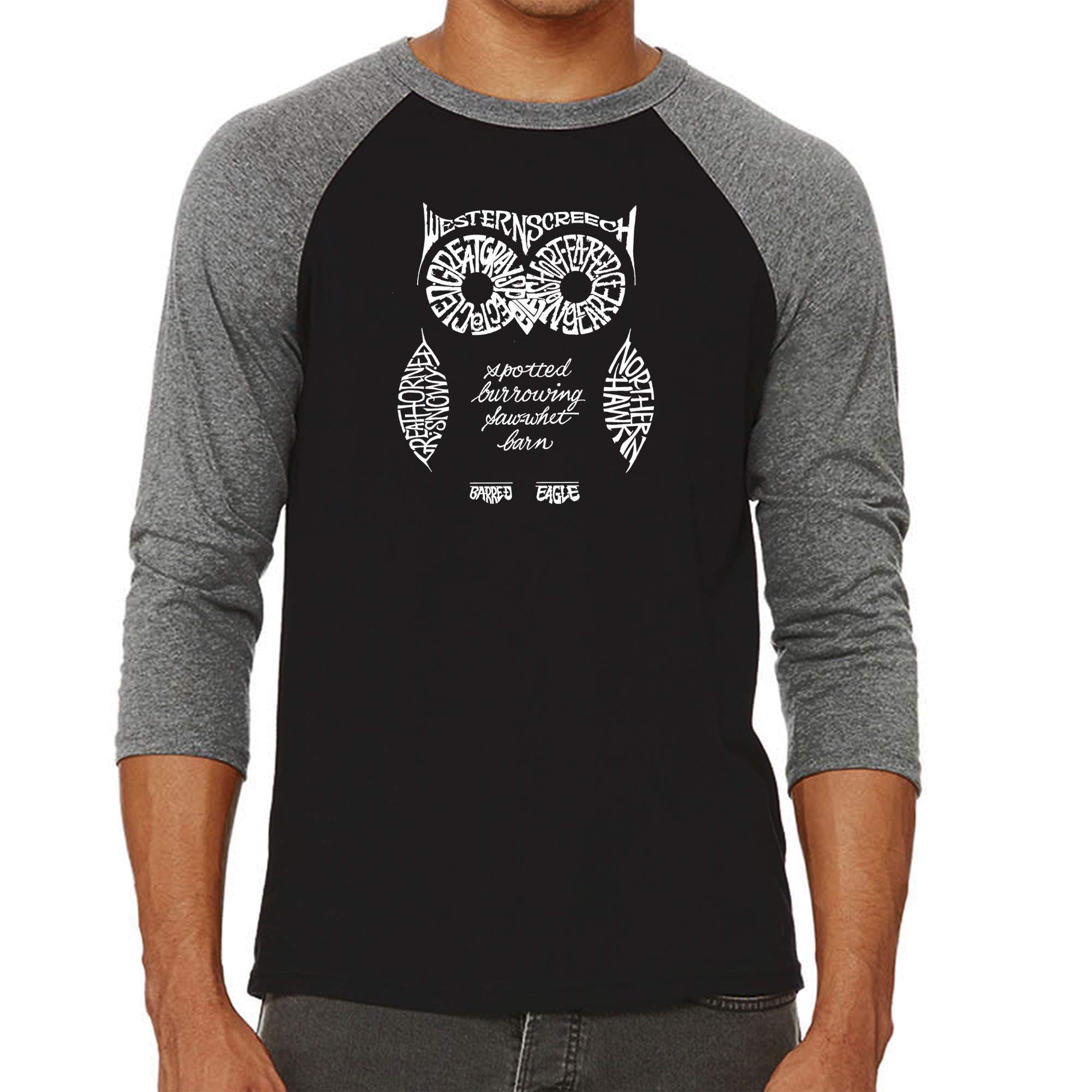 LA POP ART Men's Raglan Baseball Word Art T-Shirt with Owl Design - Comfortable Casual Tee for Streetwear, Graphic Novelty Shirt for Music Festivals & Urban Fashion