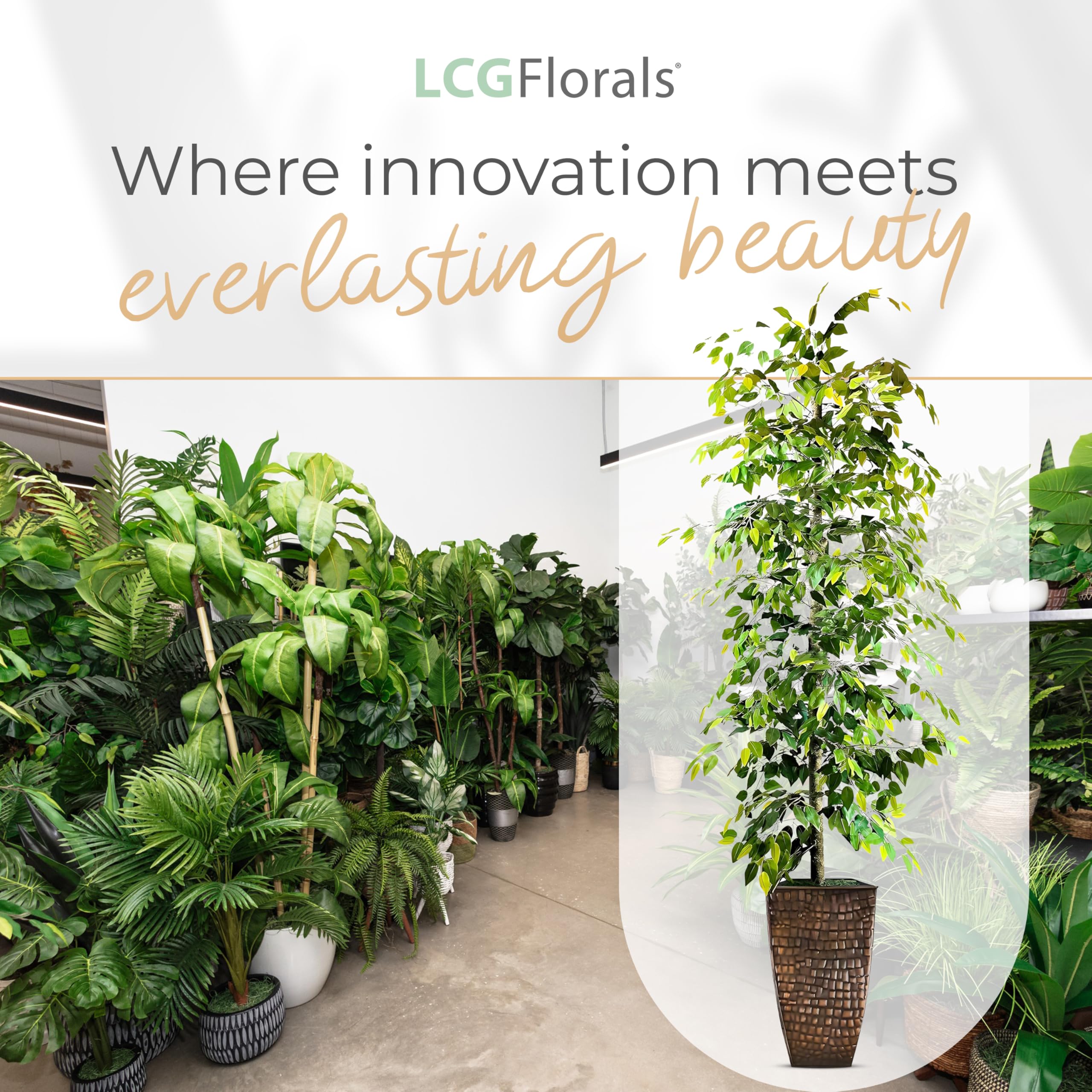 LCG Florals - 8FT Artificial Ficus Tree with Real-Wood Trunk in Copper Metal Pot - Indoor Outdoor Faux Plant for Home, Office, Patio Decor - Perfect for Living Room, Bedroom, Garden & Commercial Spaces