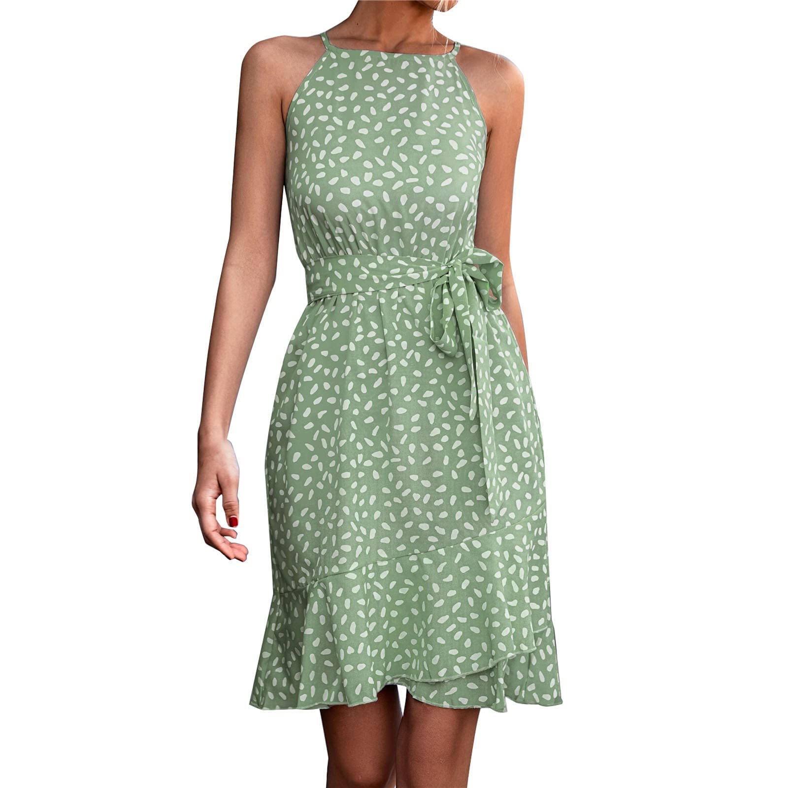Women's Boho Polka Dot Mini Dress - Sleeveless Halter Sundress with Bow Tie Waist & Ruffles | Perfect for Beach Vacations, Summer Parties & Date Nights