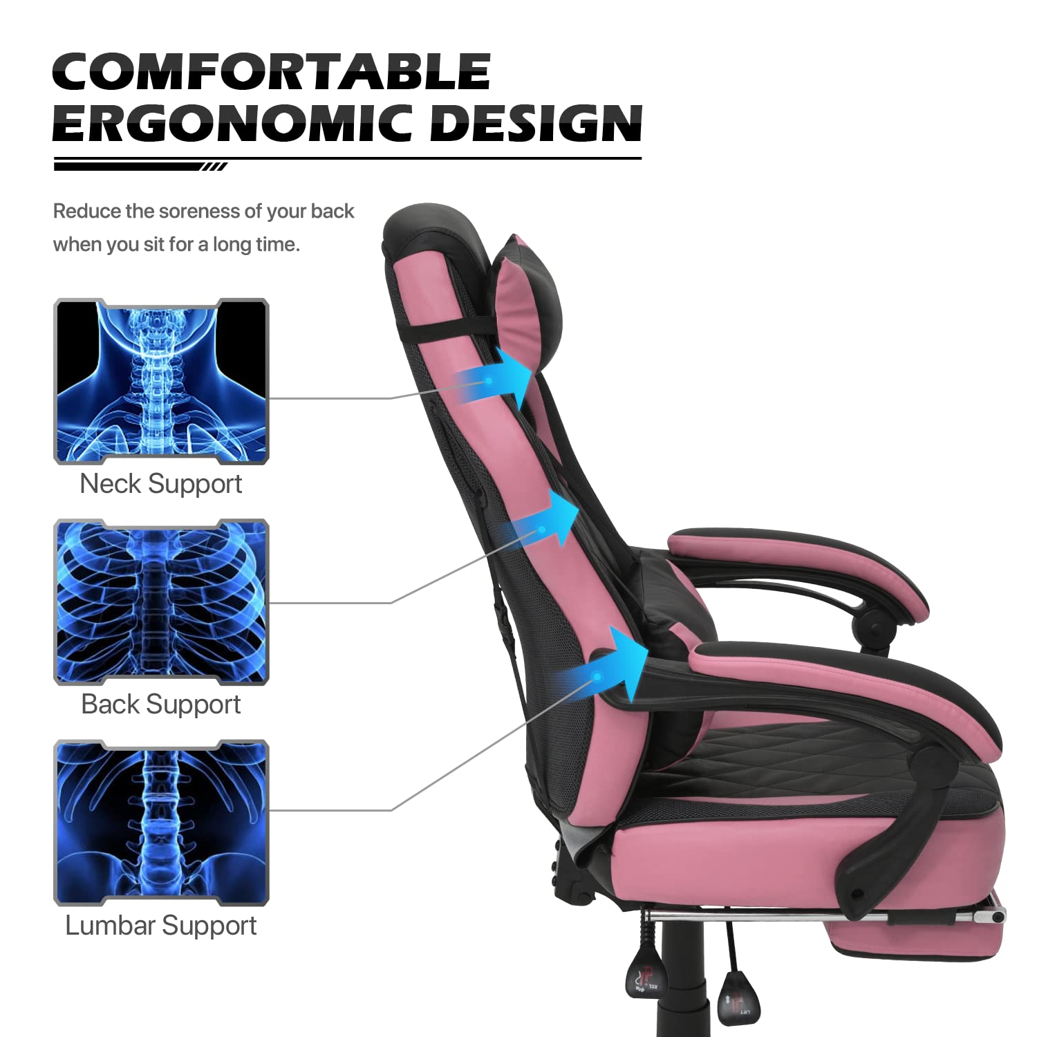 MoNiBloom Ergonomic Gaming Chair with Retractable Footrest & Lumbar Support - 360° Swivel Racing Style PU Leather Computer Chair with Headrest for Home, Office & Bedroom - Perfect for Gaming, Working & Relaxing (Pink)