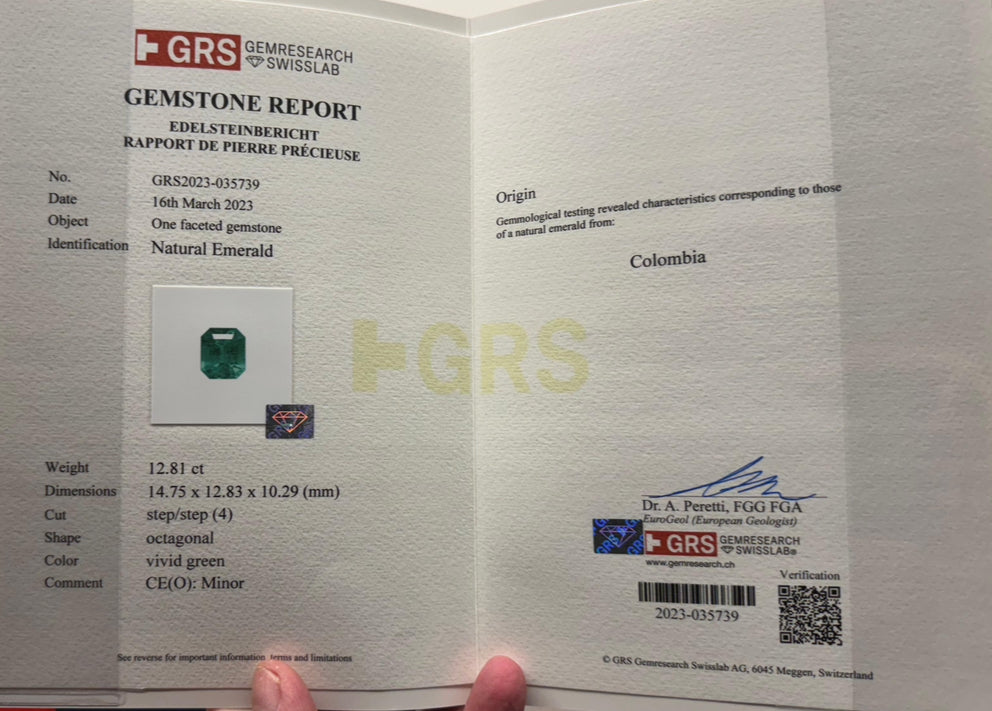 12.81 Carat GRS Certified Minor Oil Vivid Green Colombian Emerald Loose Gemstone for Jewelry Making, Engagement Rings & Luxury Collectibles