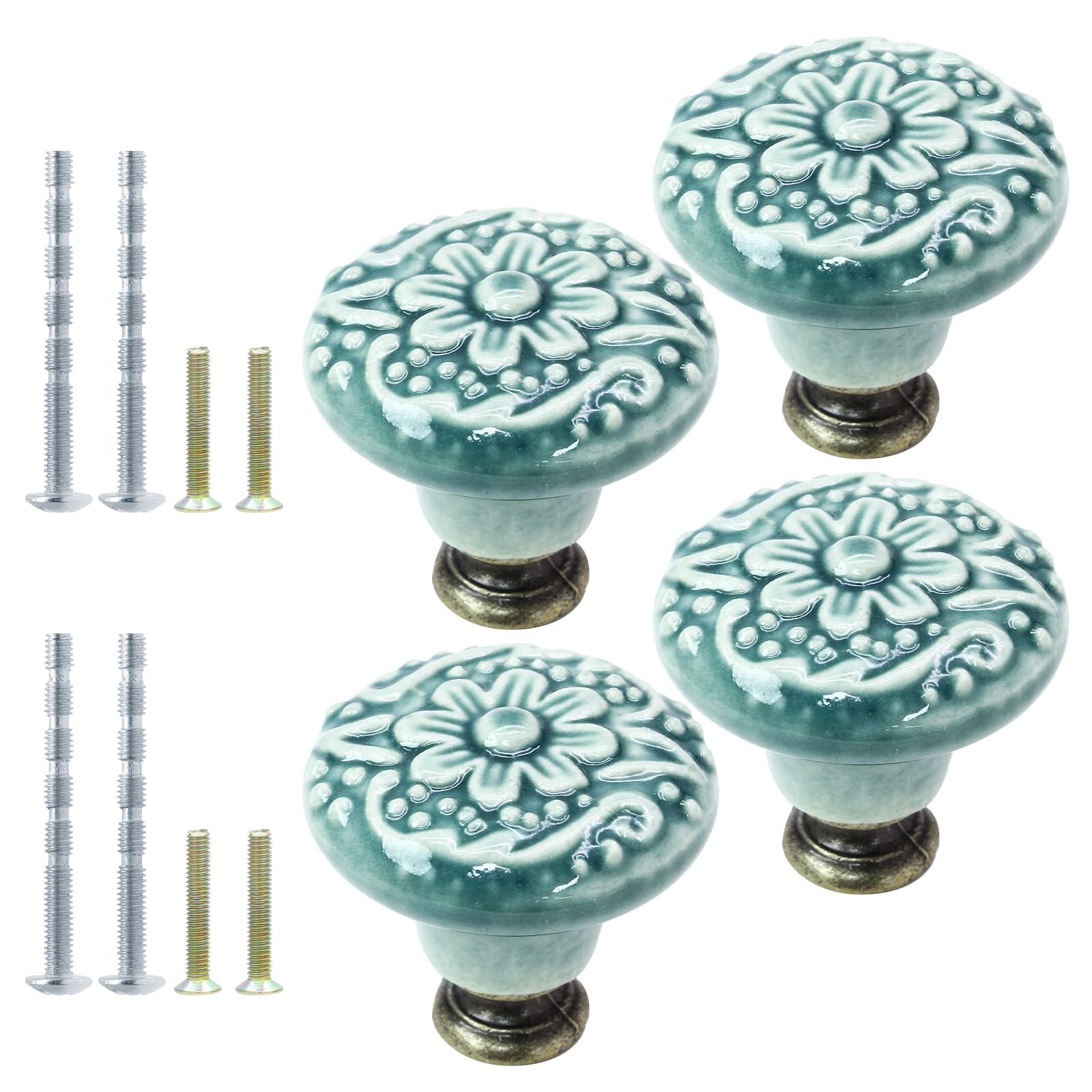 Vintage Green Ceramic Knobs 4pcs - Retro Drawer Pulls for Kitchen Cabinets & Furniture