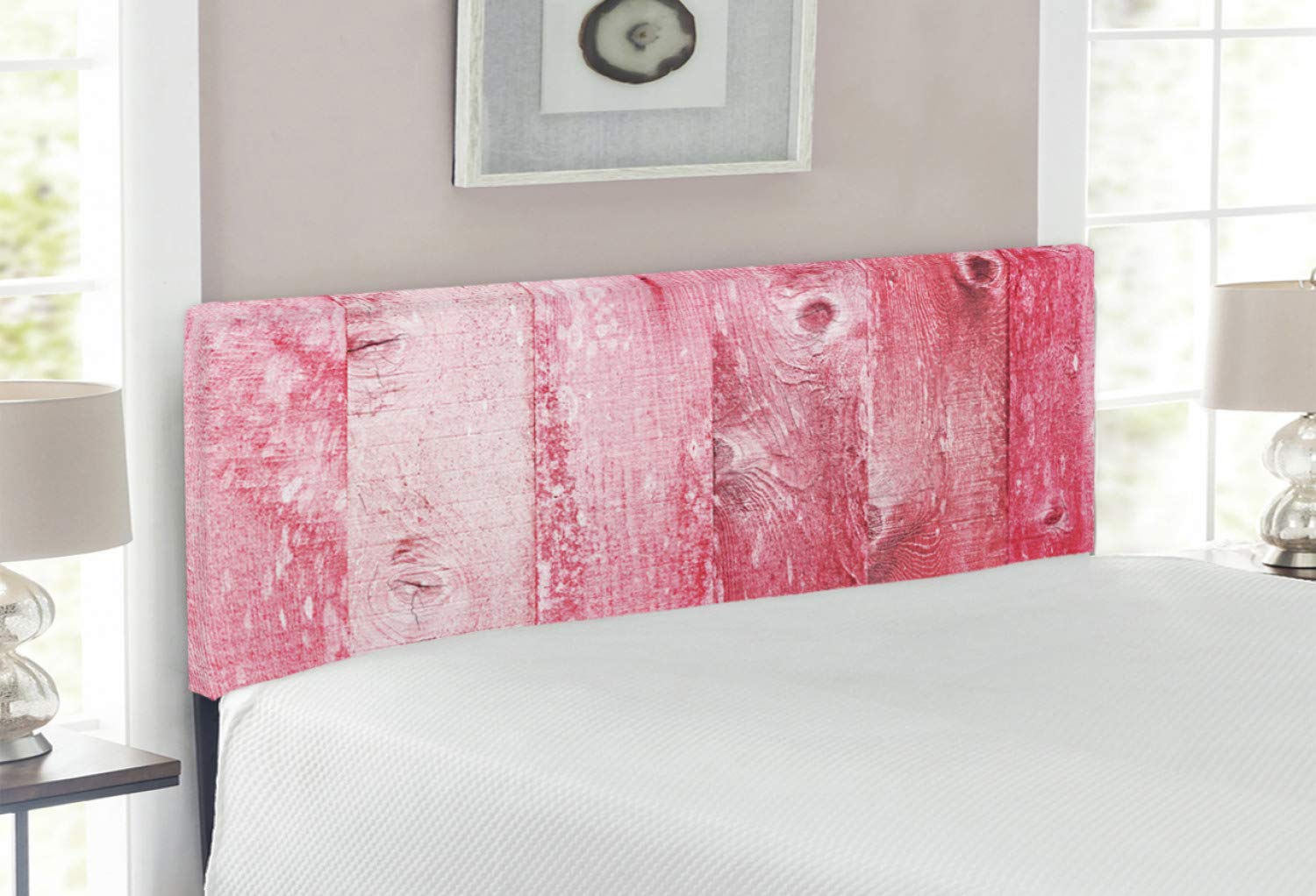Ambesonne Pink and White Vintage Grunge Upholstered Headboard - Full Size Distressed Wood Plank Design with Memory Foam, Dark Coral Pink - Perfect for Bedroom Decor & Boho Chic Style