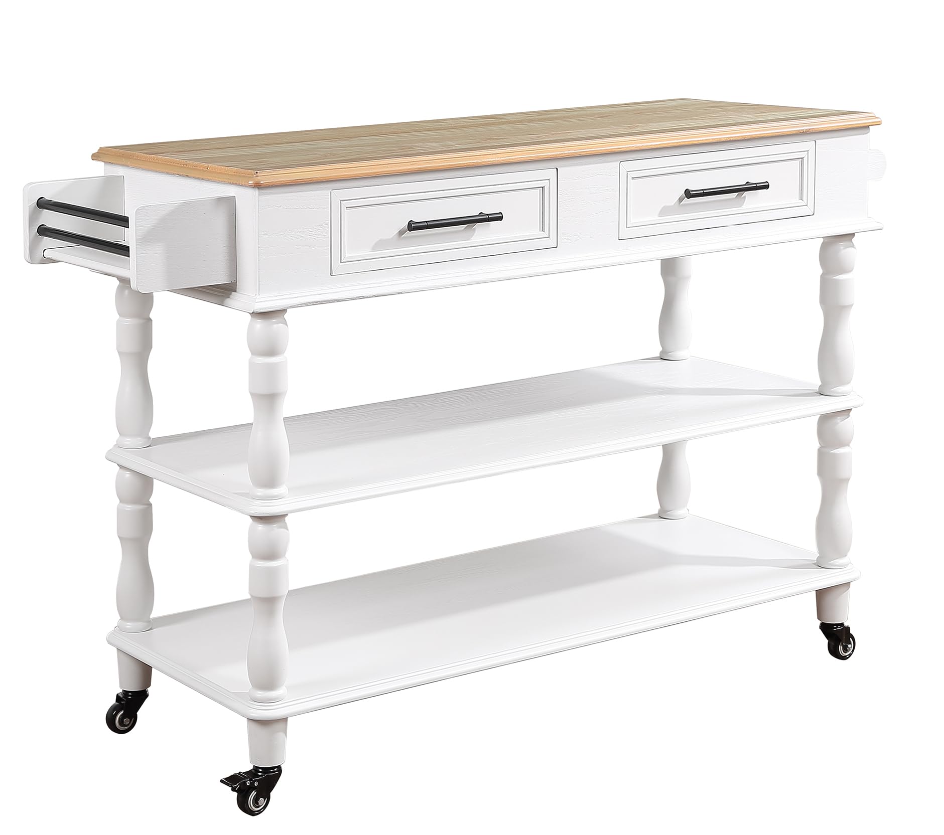 56 Inch Solid Oak Wood Kitchen Island Cart with 2 Drawers & Storage Shelves - Rolling Kitchen Cart with Wine Rack, Spice Organizer - White - Perfect for Small Kitchens, Dining Rooms & Home Bar Setup