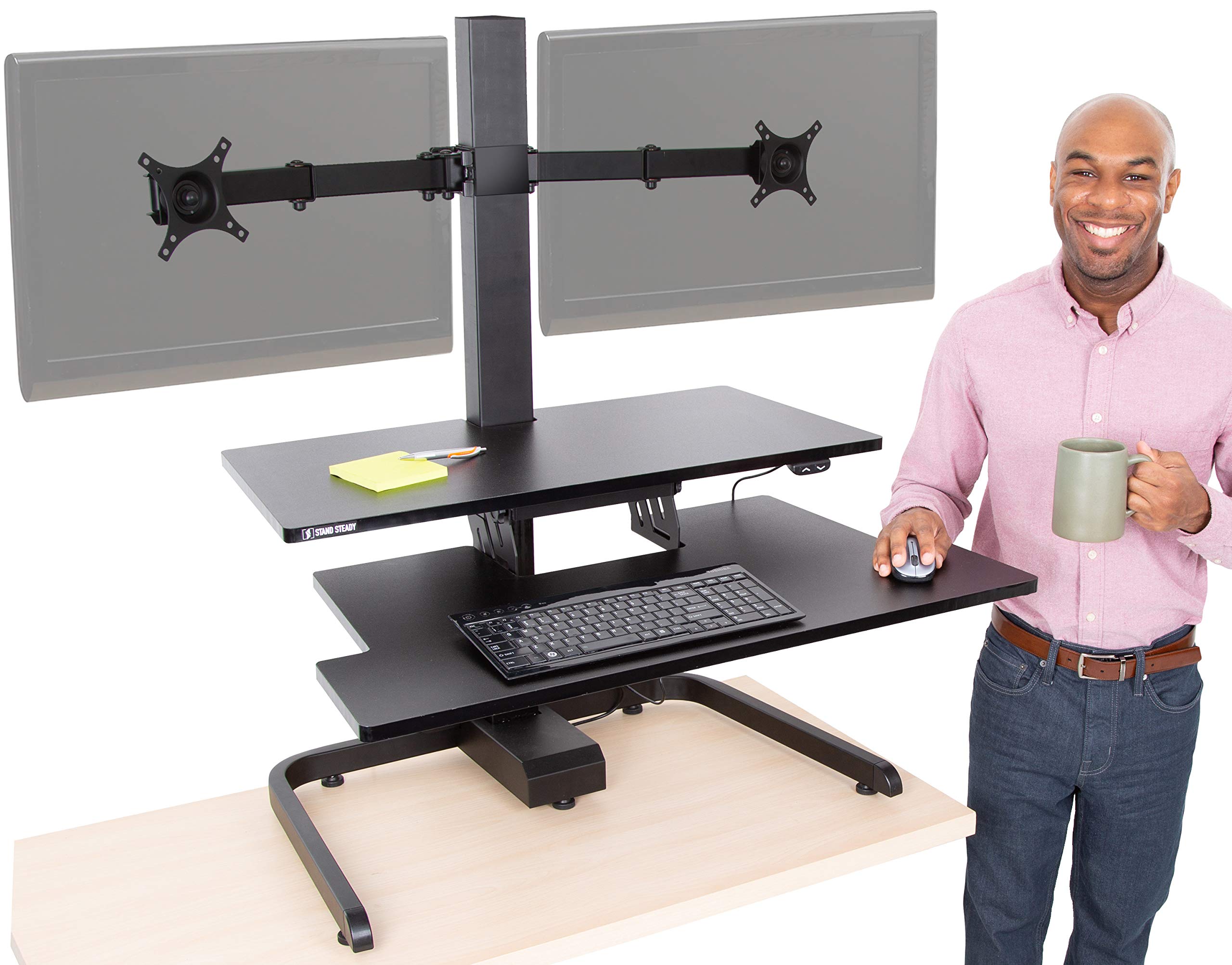 Stand Steady Techtonic | Electric Dual Monitor Stand for Standing Desk | Height Adjustable Sit to Stand Desk Converter with Keyboard Tray | Supports 2 Screens up to 32