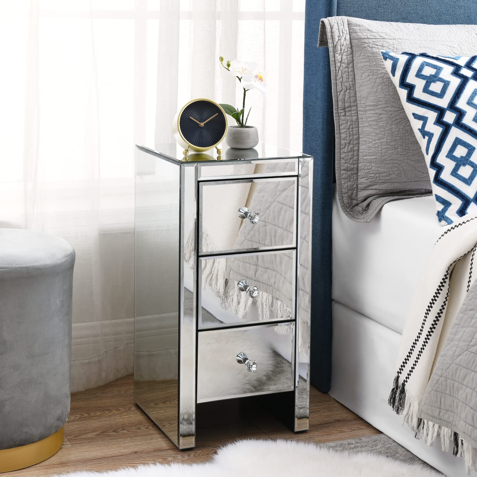 LAGRIMA Mirrored Nightstand - Crystal Accent End Table with 3 Drawers, Silver Fully Assembled Bedside Table for Bedroom & Living Room - Perfect for Modern Home Decor, Guest Rooms and Apartment Styling
