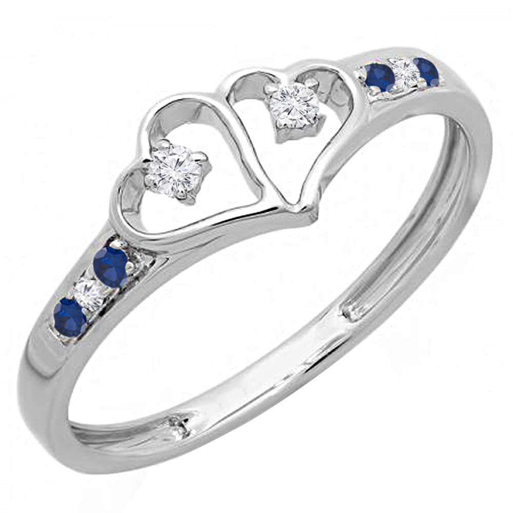 Dazzlingrock Round White Diamond & Blue Sapphire Sterling Silver Promise Ring for Women - Double Heart Love Engagement Ring for Her - Perfect for Anniversaries, Proposals & Romantic Gifts