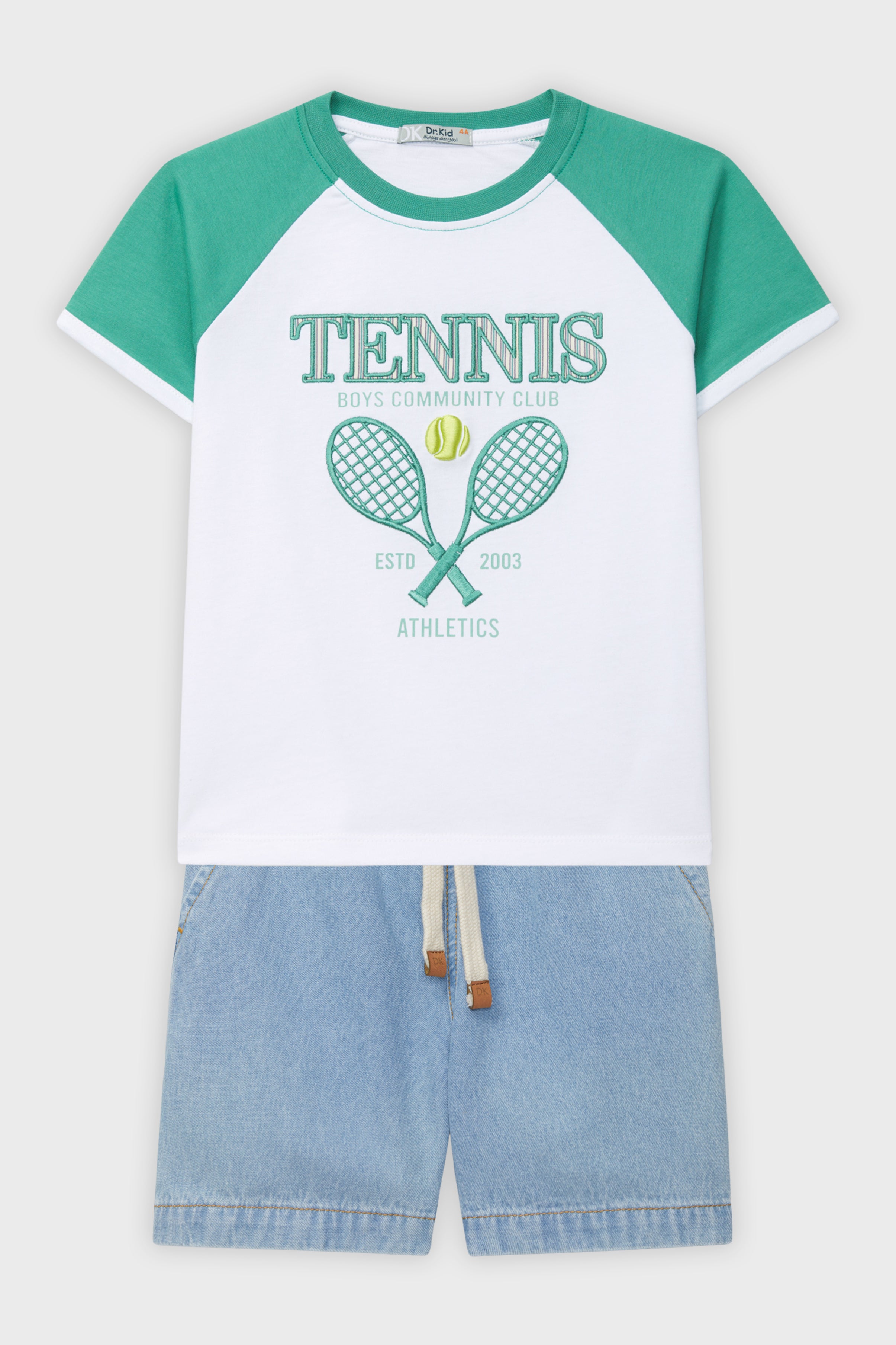 Stylish Green Raglan Tennis T-Shirt & Denim Shorts Set - Comfortable Casual Outfit for Women | Perfect for Sports, Gym, and Summer Streetwear Fashion