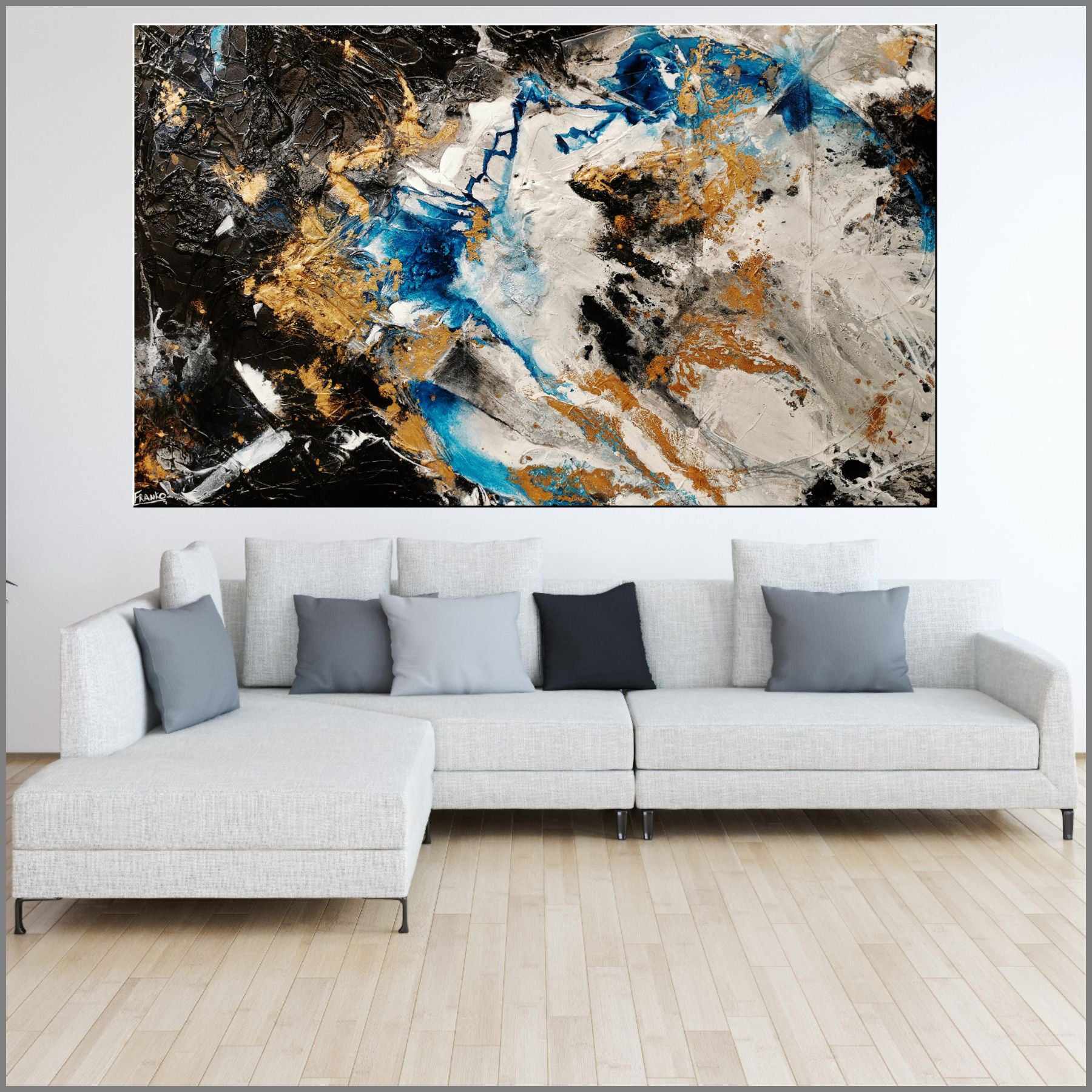 Golden Cobalt 250cm x 150cm Blue Black Grey Gold Textured Abstract Canvas Art - Modern Large Wall Painting for Living Room, Bedroom & Office Decor