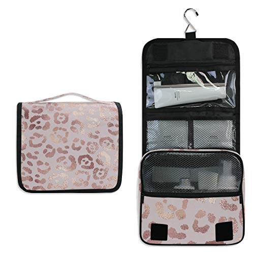 Linomo Hanging Travel Toiletry Bag for Women & Men - Large Rose Gold Leopard Print Cosmetic Makeup Organizer with Hook | Perfect for Vacation, Gym, Camping & Business Trips