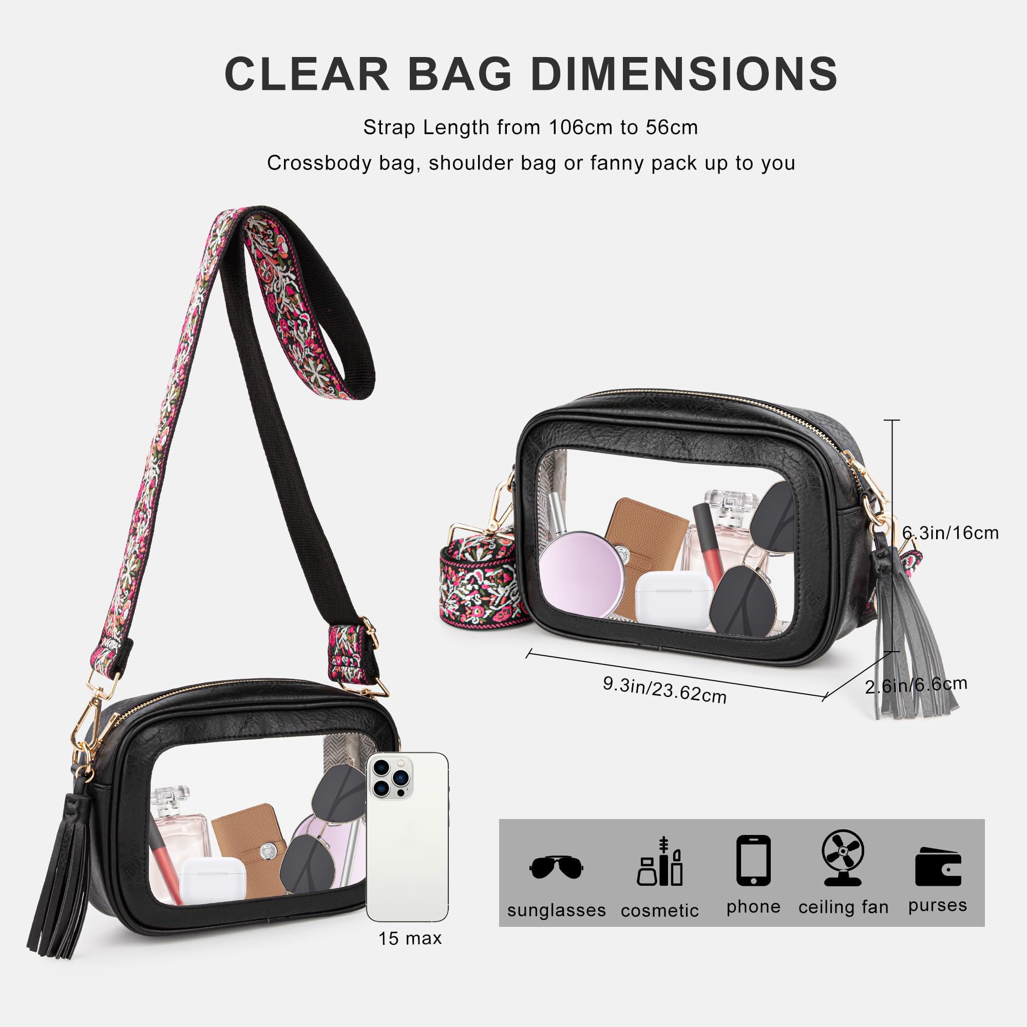 Viva Terry Approved Clear Stadium Bag - Small Adjustable Strap Crossbody Purse for Makeup & Toiletry (Black) | Perfect for Concerts, Sports Games & Travel Security Checks
