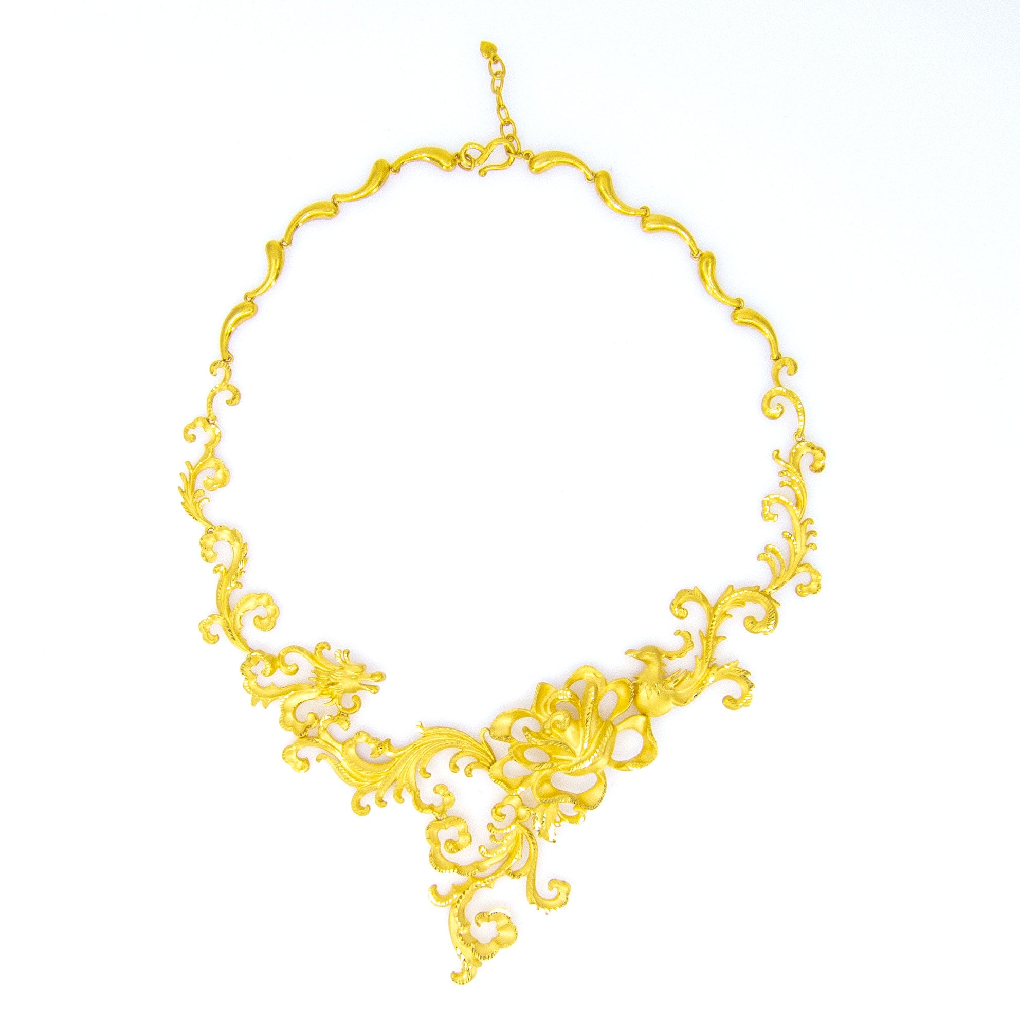 24K Gold Phoenix & Dragon Peony Pendant Necklace for Women - Elegant Chinese Style Jewelry Gift for Birthday, Anniversary & Special Occasions