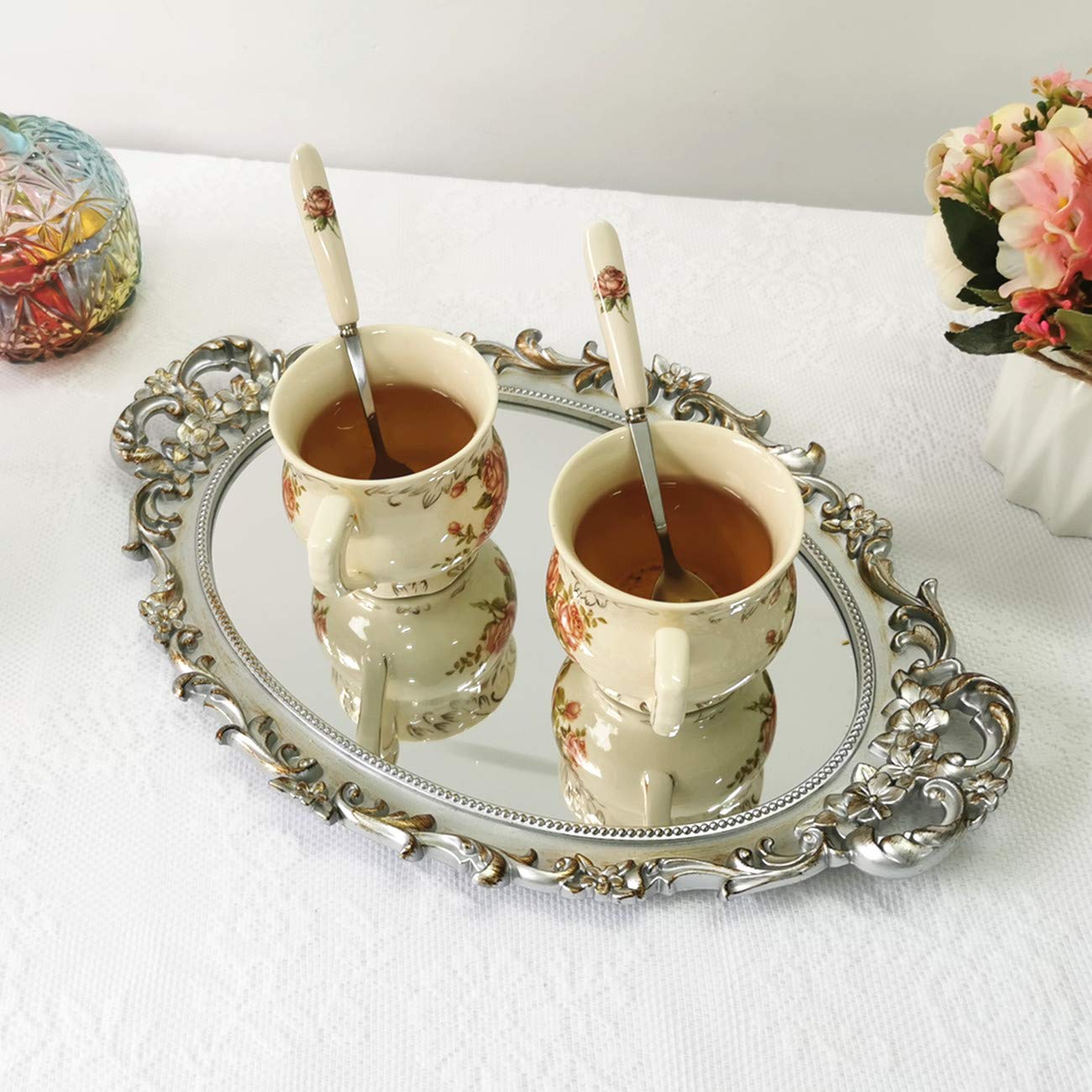 Elegant Silver Ham Oval Floral Wall Mirror Tray - 9.5