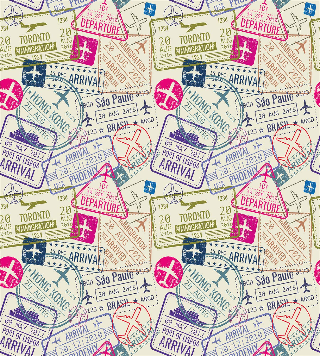 Ambesonne Travel Themed Duvet Cover Set - Passport & Visa Stamp Design Featuring Toronto, Hong Kong, Berlin - 3 Piece Queen Size Bedding Set with 2 Pillow Shams in Eggshell & Pink | Perfect for Wanderlust Bedrooms, Guest Rooms & Travel-Themed Decor