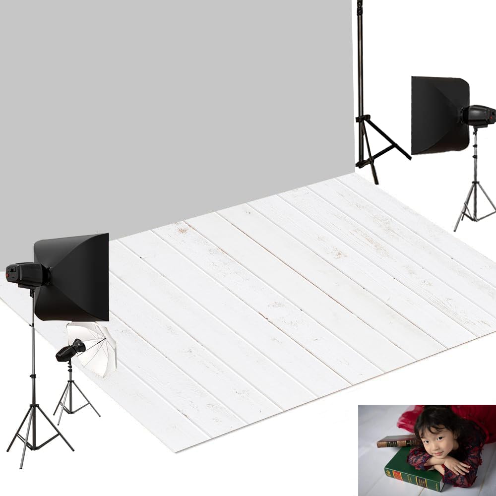 Kate Photography Floor Mat - 8x5ft White Wooden Floor Backdrop with Non-Slip Rubber Backing | Newborn & Professional Photo Studio Props | Durable Wood Panel Wall Background for Baby Shoots, Maternity Photos & Product Photography