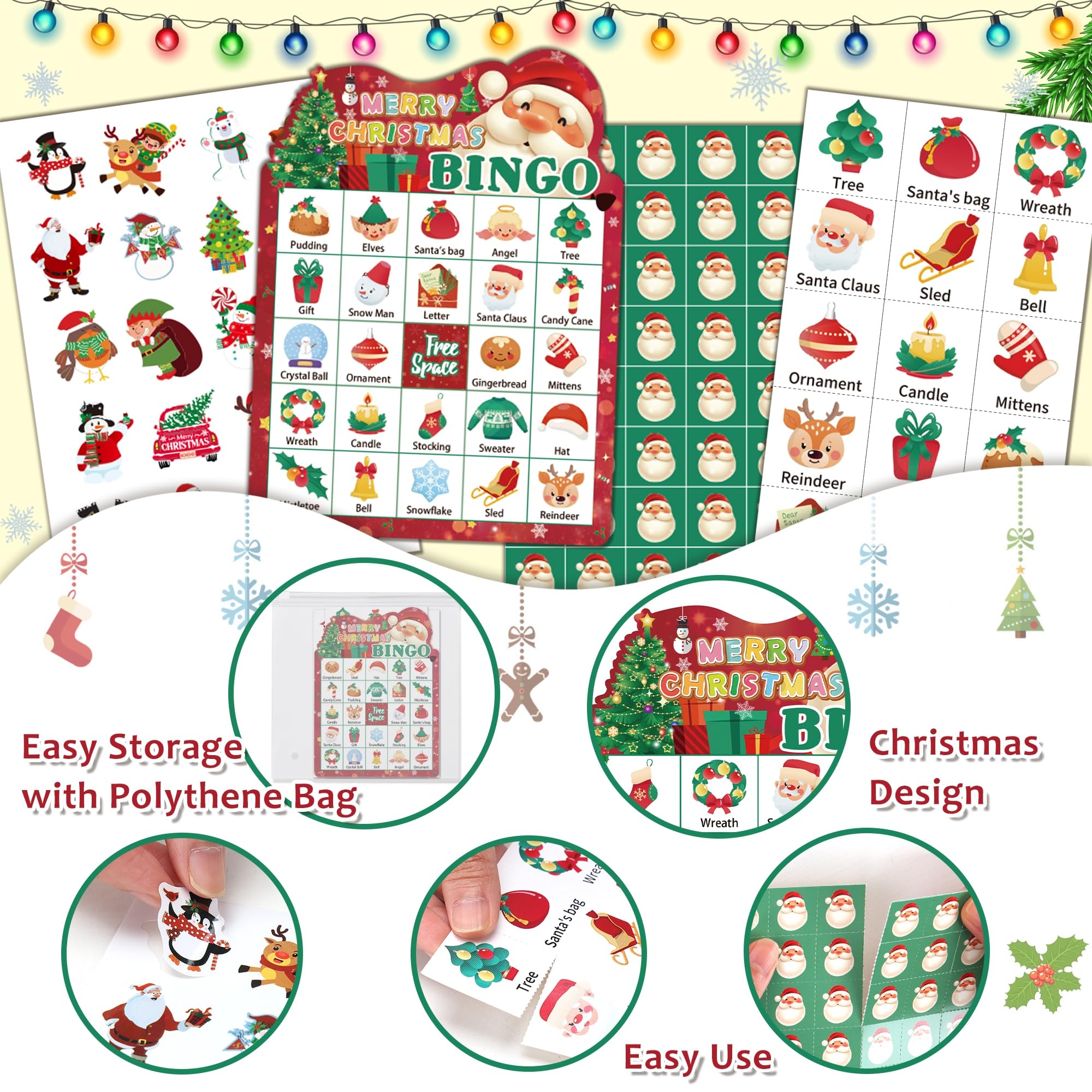 YOYOJOY 39-Piece Christmas Bingo Game Set for Kids & Adults - 24 Player Holiday Bingo Cards with Reward Stickers - Perfect for Family Gatherings, Classroom Activities & Xmas Party Games