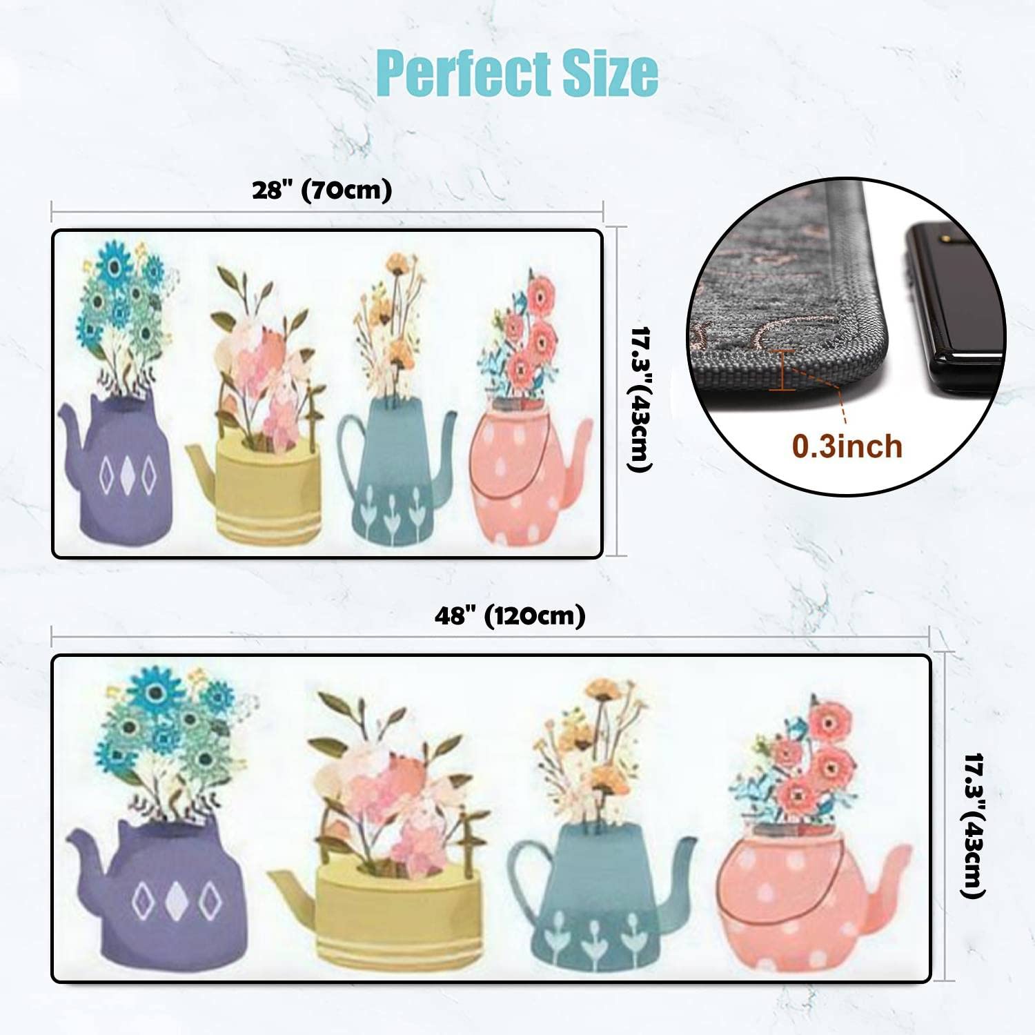 Non-Slip Washable Kitchen Rugs Set with Teapot Flower Design - Anti-Fatigue Floor Mat, Kitchen Runner, Doormat & Bath Rug for Comfortable Standing - Perfect for Home Decor, Cooking & Bathroom Safety