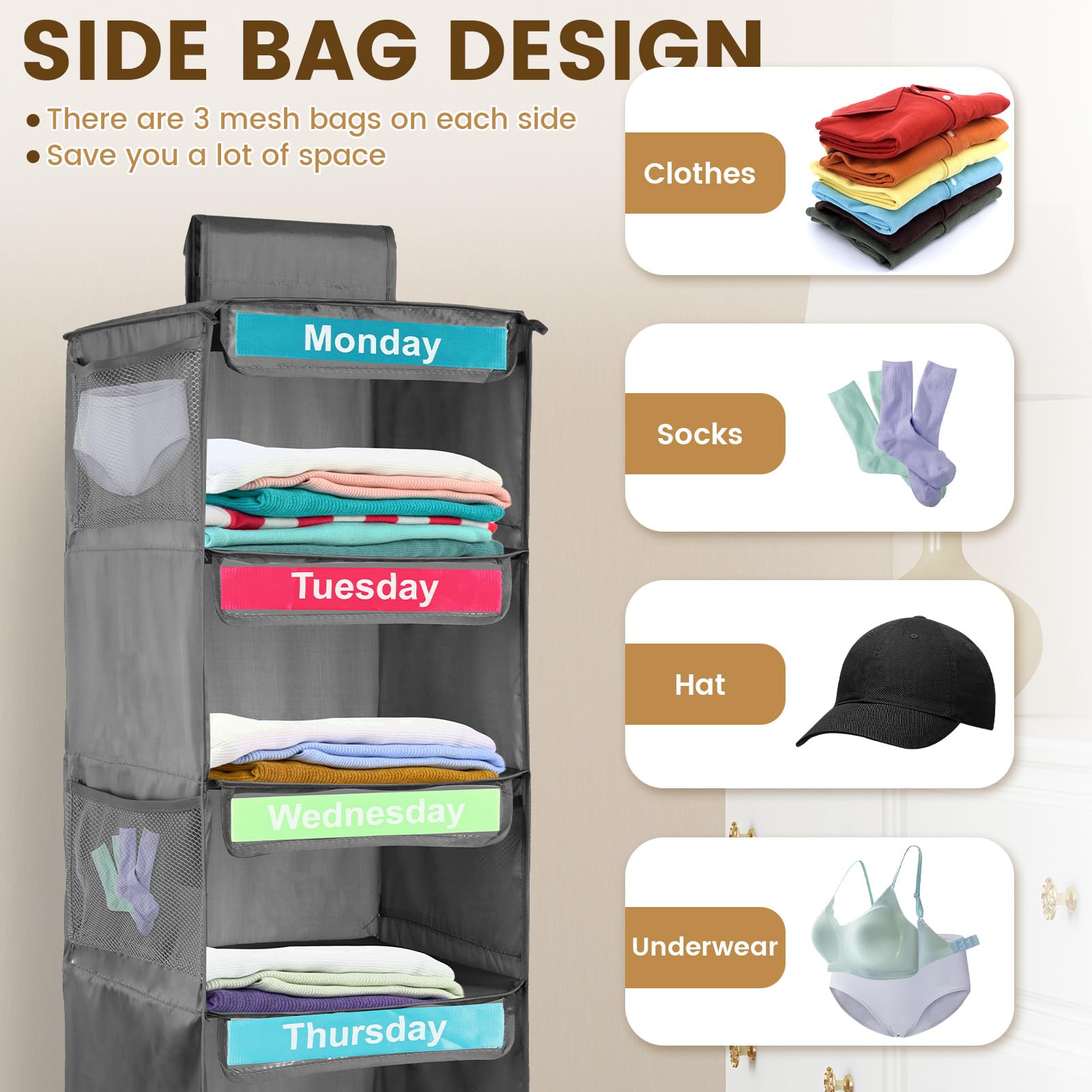 Kids Weekly Clothes Organizer - 7-Day Over The Door Hanging Storage for Closet | Monday to Friday Children's Clothing Organizer for Shirts, Hats & Accessories (Grey) | Perfect for School Outfits & Daily Wardrobe Planning