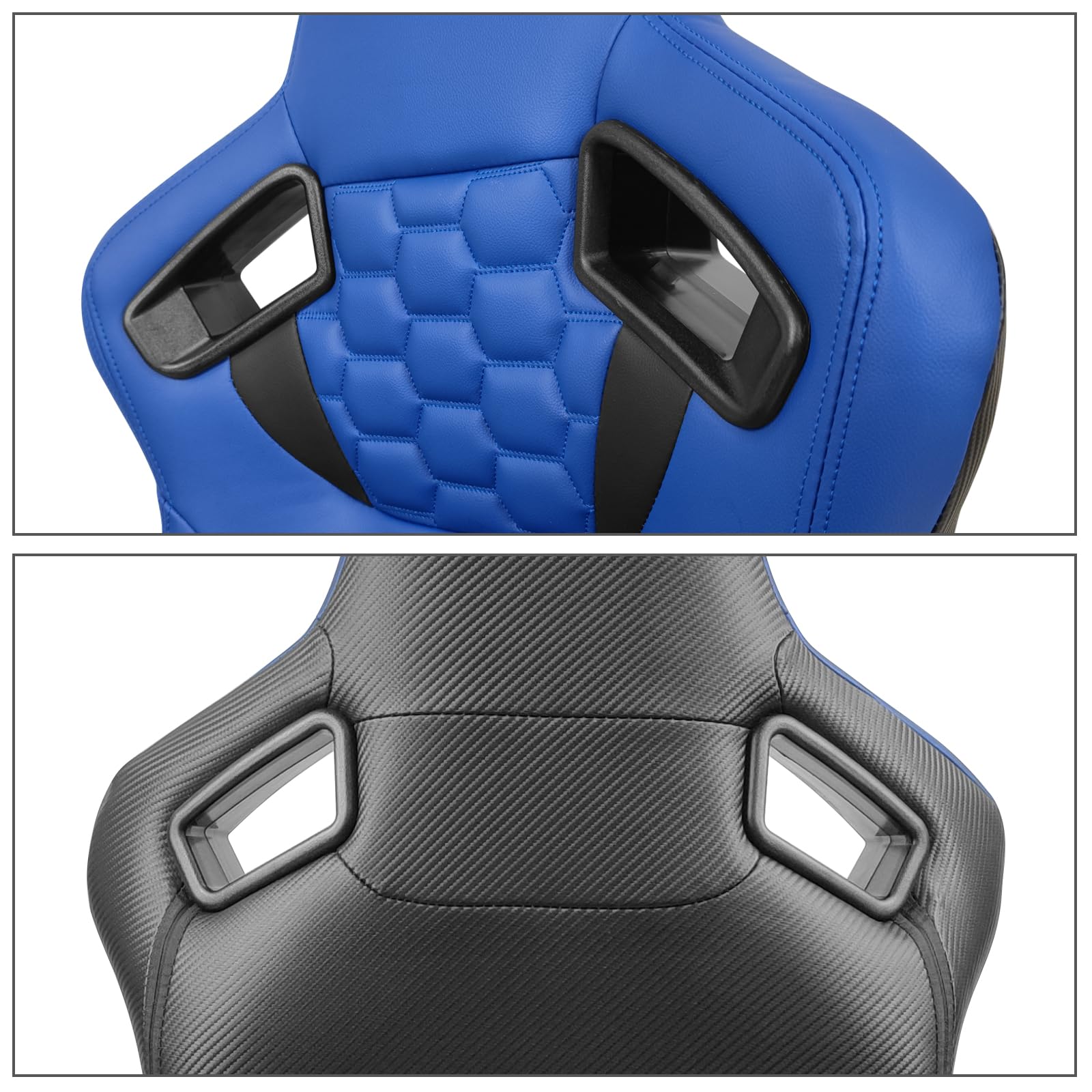 IKON MOTORSPORTS Universal Racing Seats - Dual Sliders, Reclinable Blue & Black PU Carbon Leather Bucket Seats with Hexagonal Quilting (1 Pair for Driver & Passenger) | Perfect for Sports Cars, Drifting & Track Racing