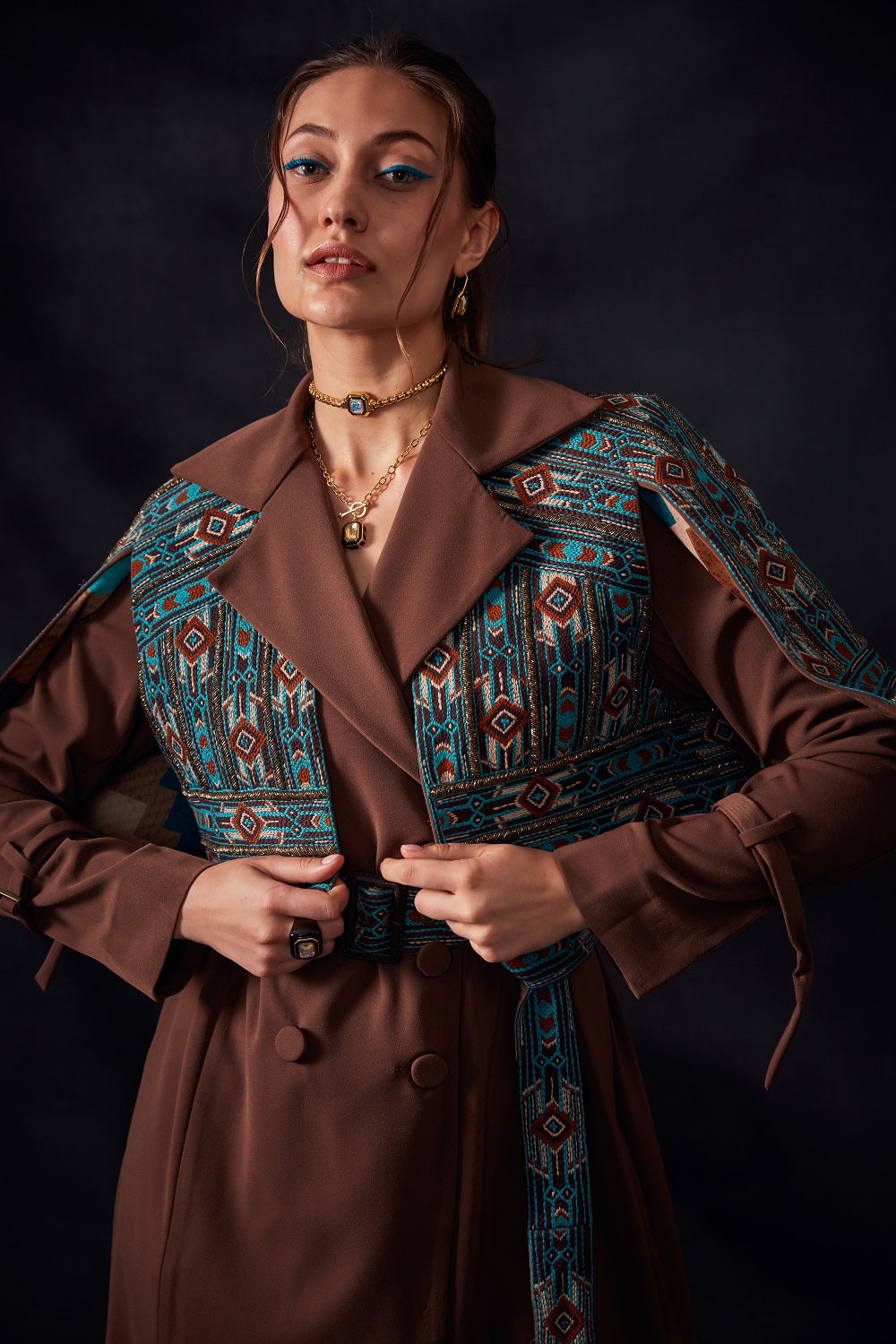 Exquisite Dark Tan Open Shoulder Jacket with Authentic Turkish Gold Embroidered Threadwork - Perfect for Boho Chic Outfits, Evening Parties & Special Occasions