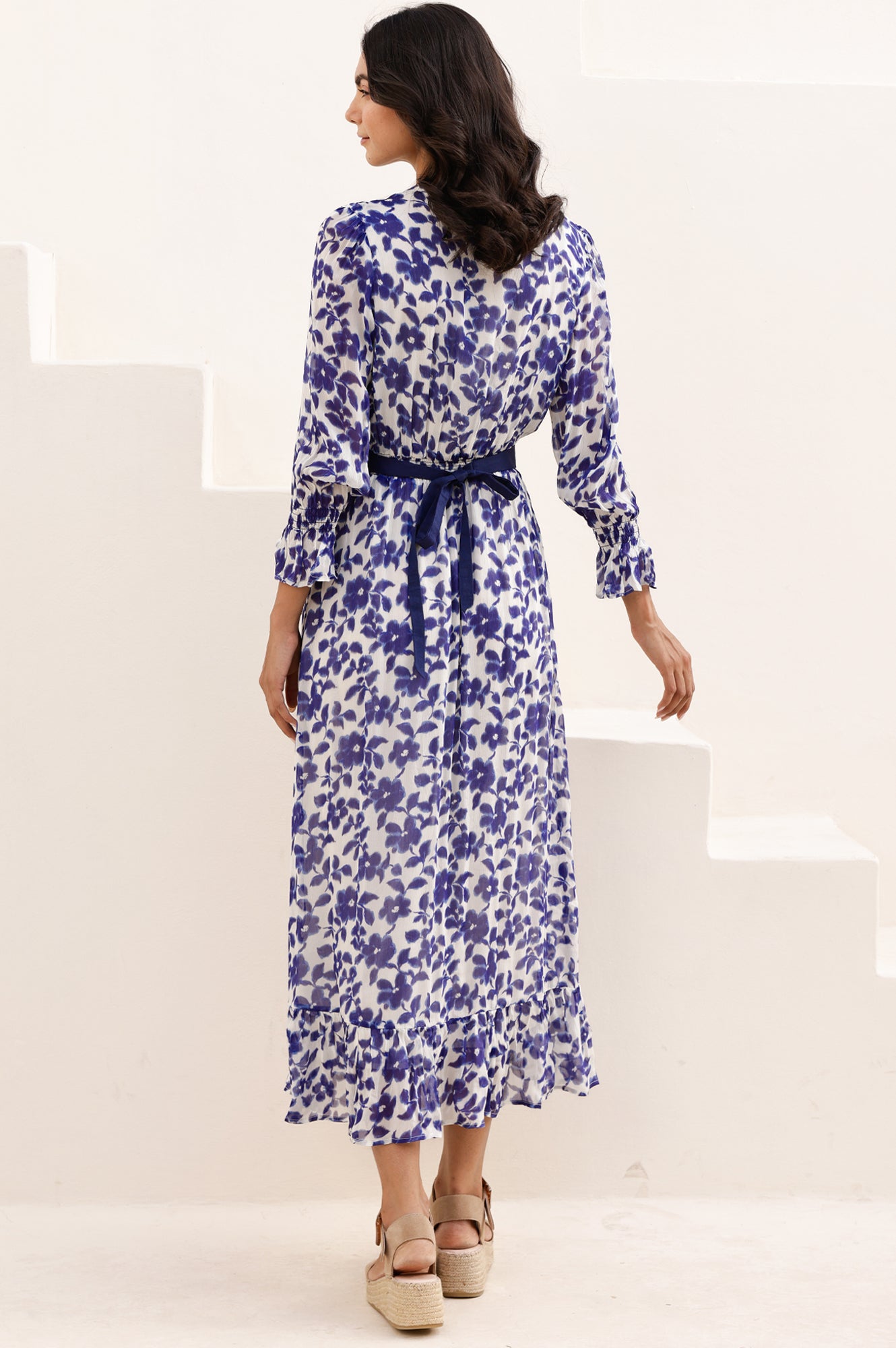 Maeve Georgette Dress - Floral Navy & White Flowy Midi Dress for Women | Perfect for Summer Weddings, Garden Parties & Date Nights