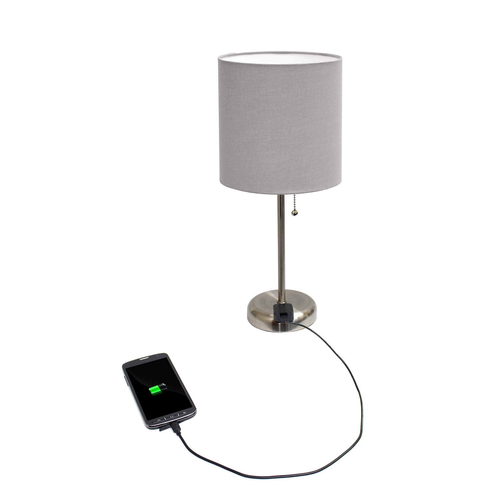 Simple Designs LT2024-GRY Brushed Steel Stick Table Desk Lamp with USB Charging Outlet & Drum Fabric Shade, Gray - Perfect for Home Office, Study, Bedroom Nightstand & Reading Nook Lighting