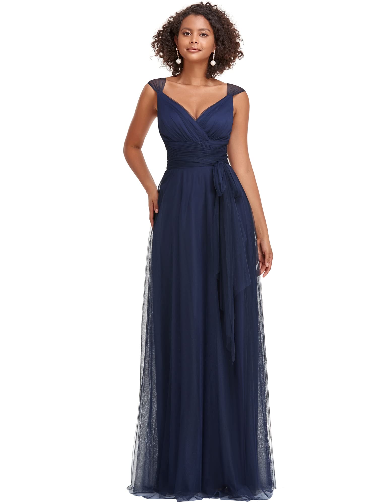 Ever-Pretty Women's Elegant V-Neck Sash Waist A-Line Maxi Tulle Wrap Dress - Formal Bridesmaid Dresses for Weddings, Prom & Special Occasions (Style 07303) | USA Sizing