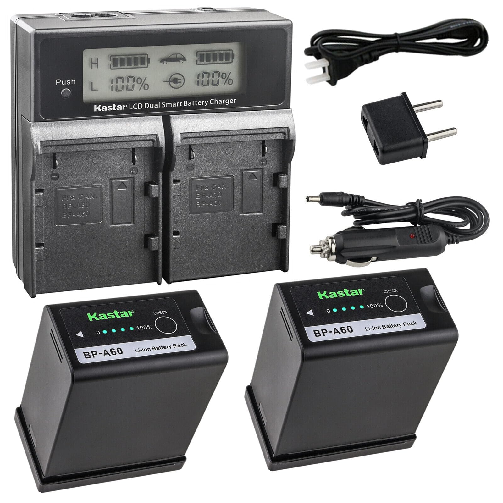 Kastar 2-Pack BP-A60 Battery and AC LCD Dual Fast Charger for Canon EOS C300 Mark III, C500 EF Mount & PL Mount 4K Cinema Cameras - Professional Film Making, Documentary & Studio Photography Power Solution