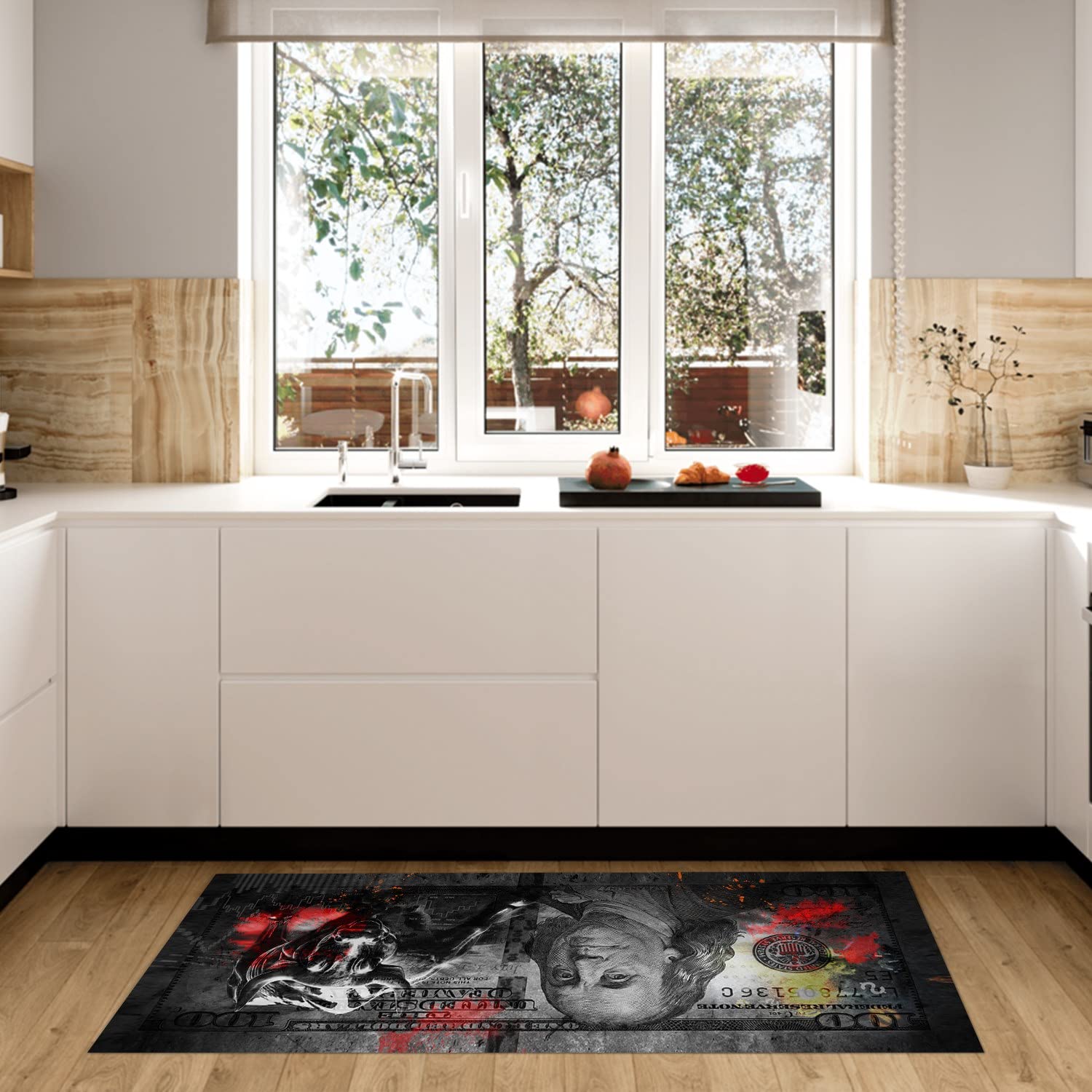 GUBIYU 100 Dollar Bill Printed Area Rug - Non-Slip Money Design Runner (23.6x59 Inches) Gray Wall Street Bull Charging Bull Bath Mat for Living Room, Bedroom & Home Office - Perfect for Modern Home Decor, Dorm Room Style & Unique Gift Ideas