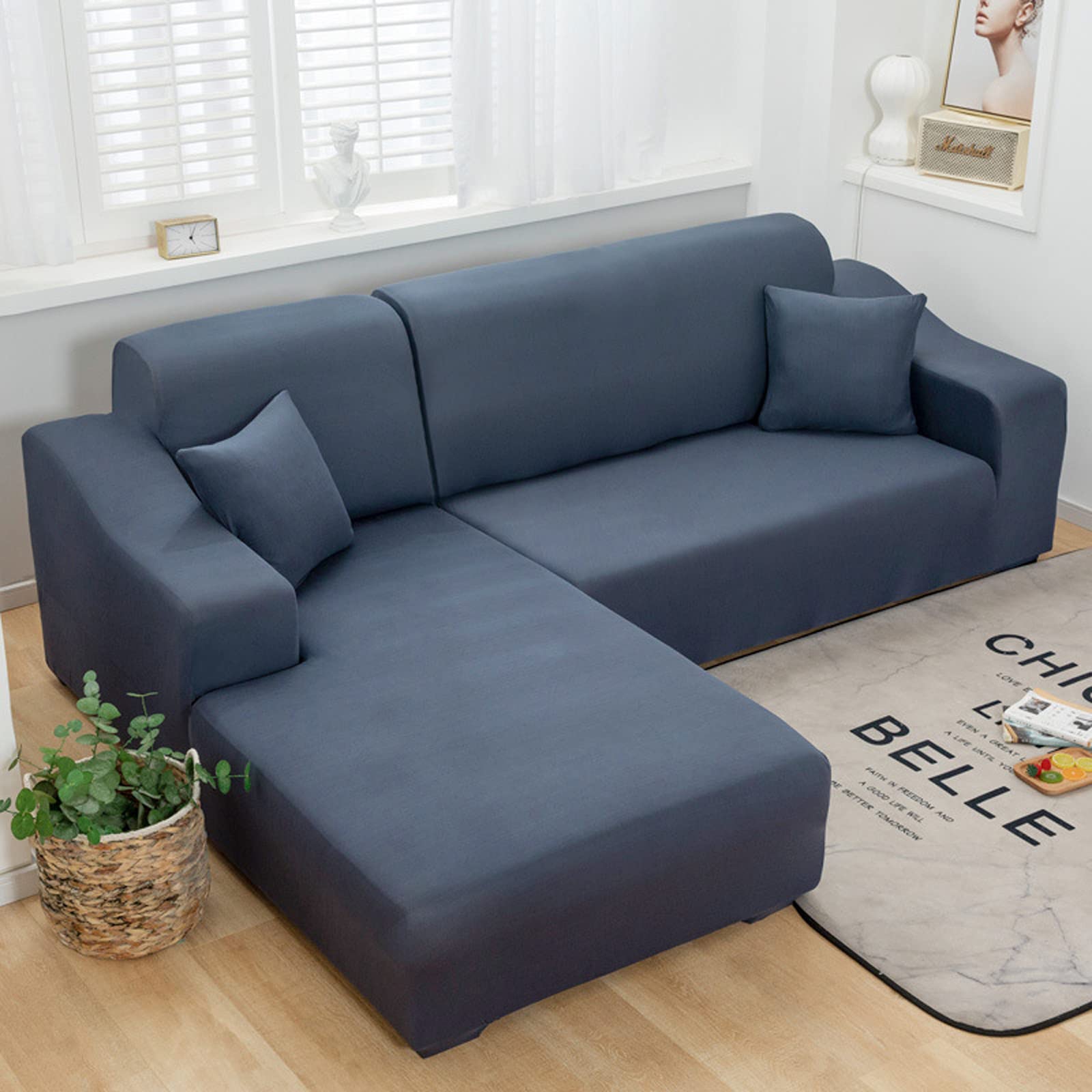 Elastic L-Shaped Sectional Sofa Cover - Non-Slip Furniture Protector for 4+4 Seat Couch, Washable & Durable Chaise Lounge Cover in Gray - Perfect for Living Room, Family Room & Home Theater Seating Protection