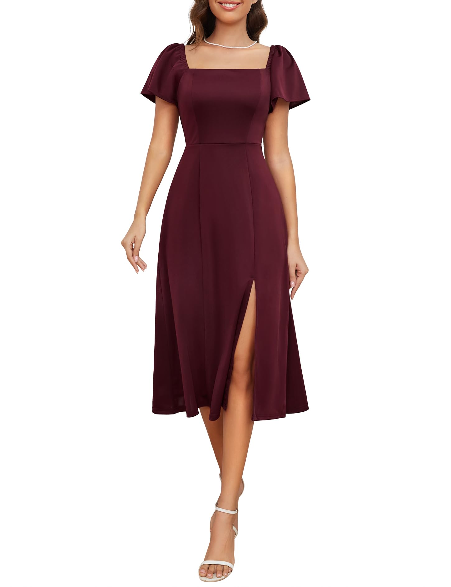 MUADRESS Women's A-Line Midi Dress - High Waist Formal Church Wedding Guest Dress with Puff Sleeves | Modest Party Dress for Bridal Shower, Cocktail Events & Special Occasions