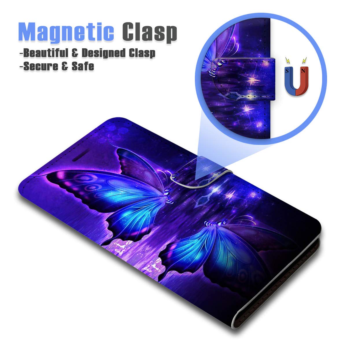 Samsung Galaxy S22 Ultra Flip Wallet Phone Case with Card Holder - Blue Butterfly Design (A24225) | Slim Protective Cover for Everyday Use & Travel