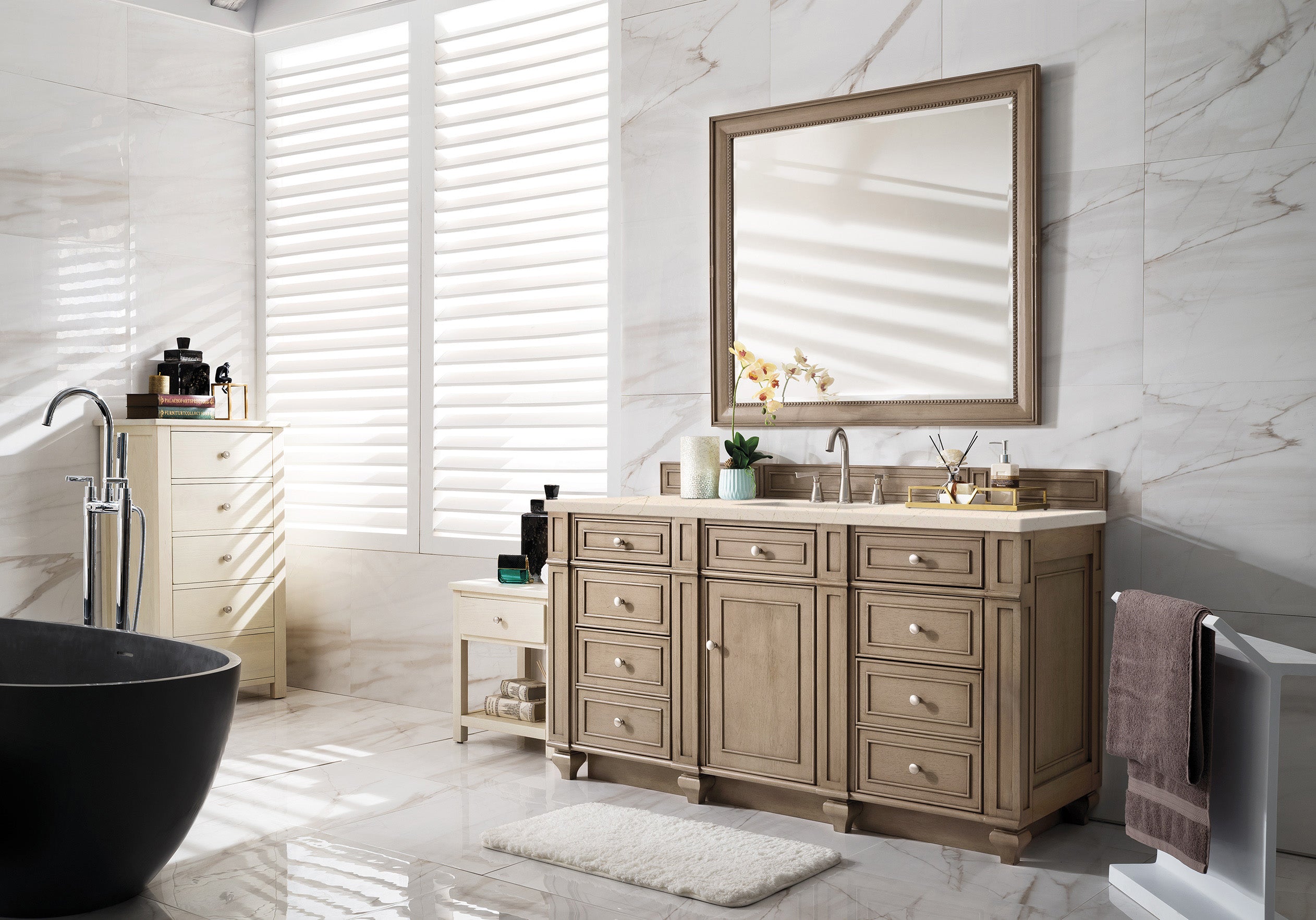 Bristol 60 Inch Single Bathroom Vanity Set with Whitewashed Walnut & 3CM Eternal Marfil Quartz Countertop - Perfect for Modern Home Bathroom Renovation