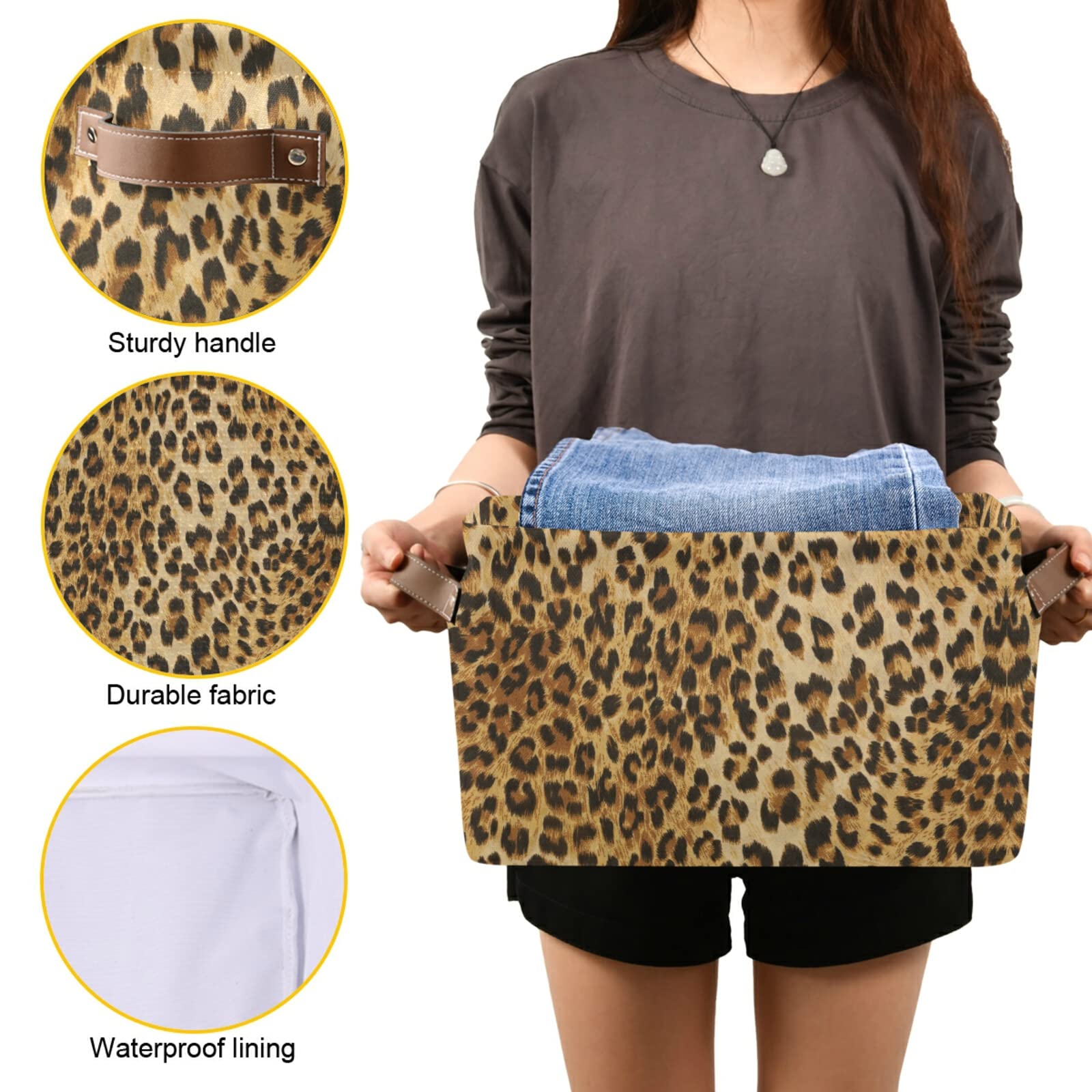 Leopard Print Canvas Storage Bin - Large Animal Toys Basket Cube Box with Handles for Home Office Bedroom Closet Shelves (2 Pack) - Perfect for Kids' Room Organization & Pet Toy Storage