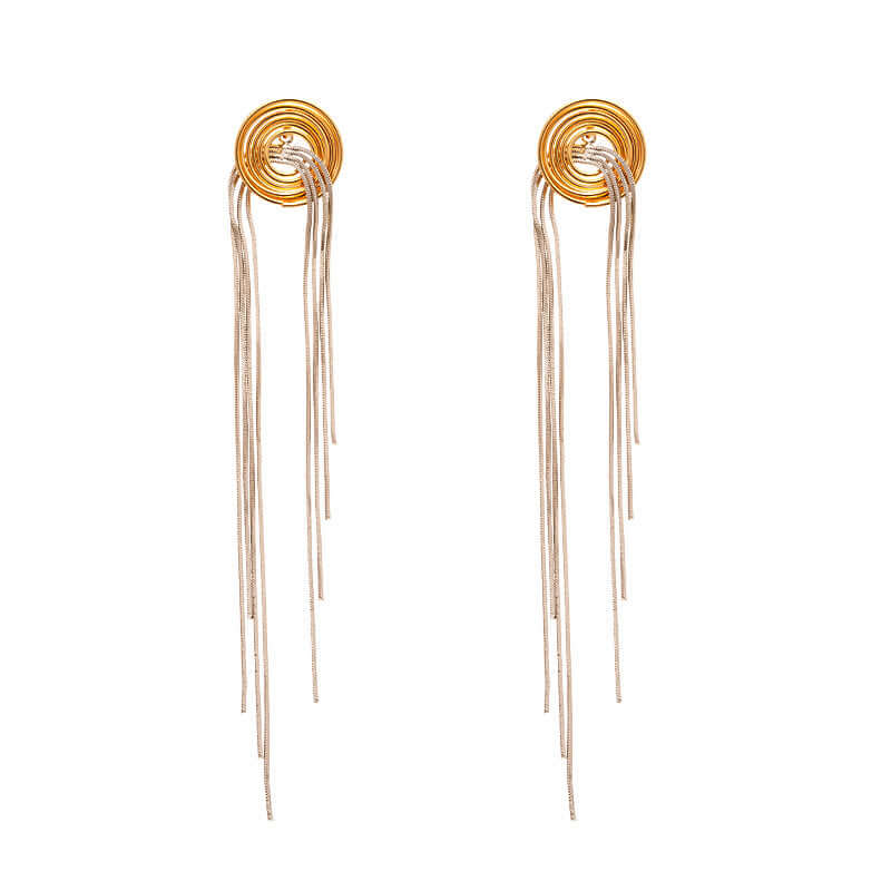 Vintage 2-Tone Metallic Spiral Tassel Long Chain Earrings for Women | HE22452 | Boho Chic Jewelry for Parties, Weddings & Date Nights