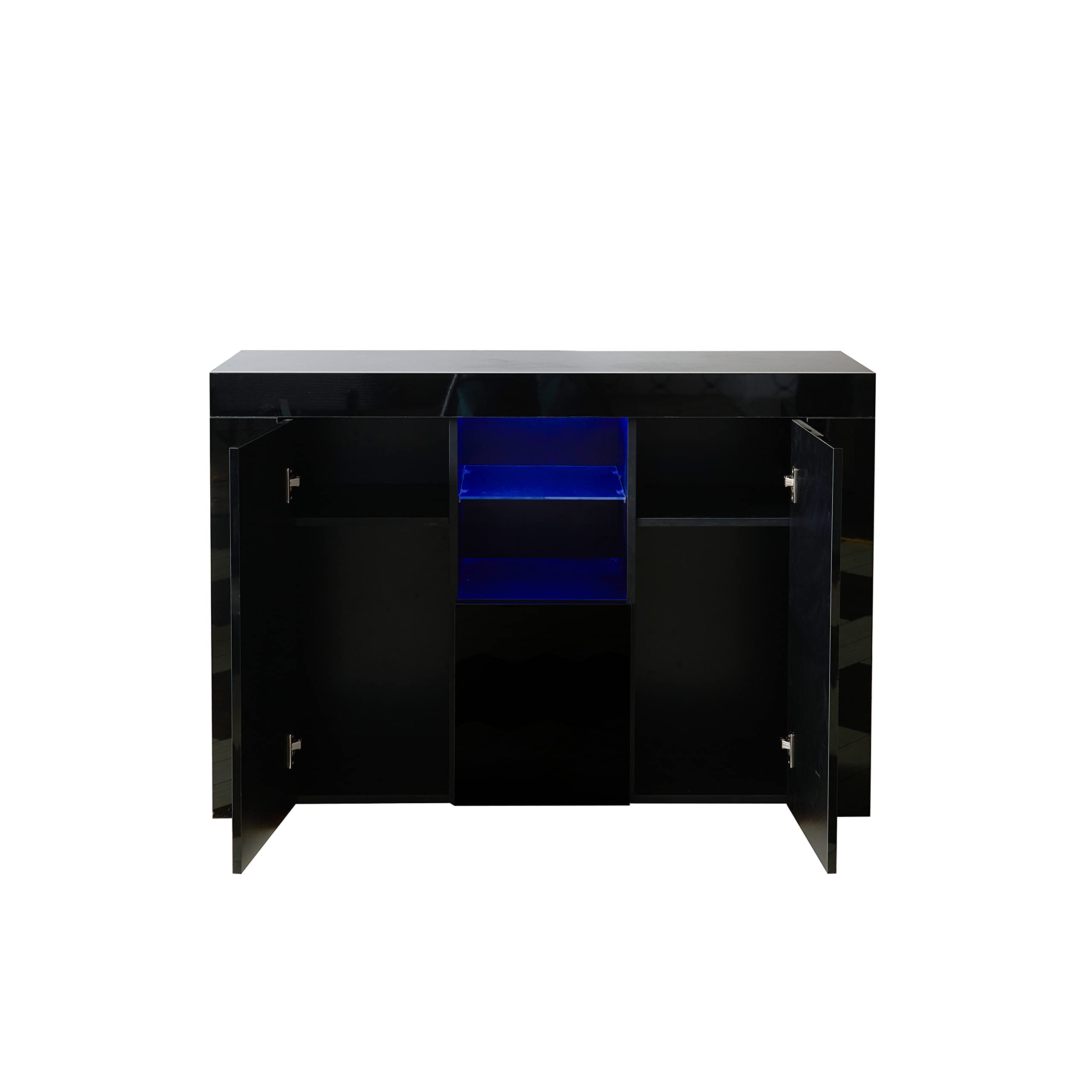 Modern Buffet Cabinet with LED Lights - High Gloss Sideboard Storage Cupboard with Shelves & Drawers for Entryway, Hallway, Kitchen, Home Office or Home Bar (Black, 3-Door Design) - Perfect for Dining Room Storage, Living Room Organization & Entertaining Spaces