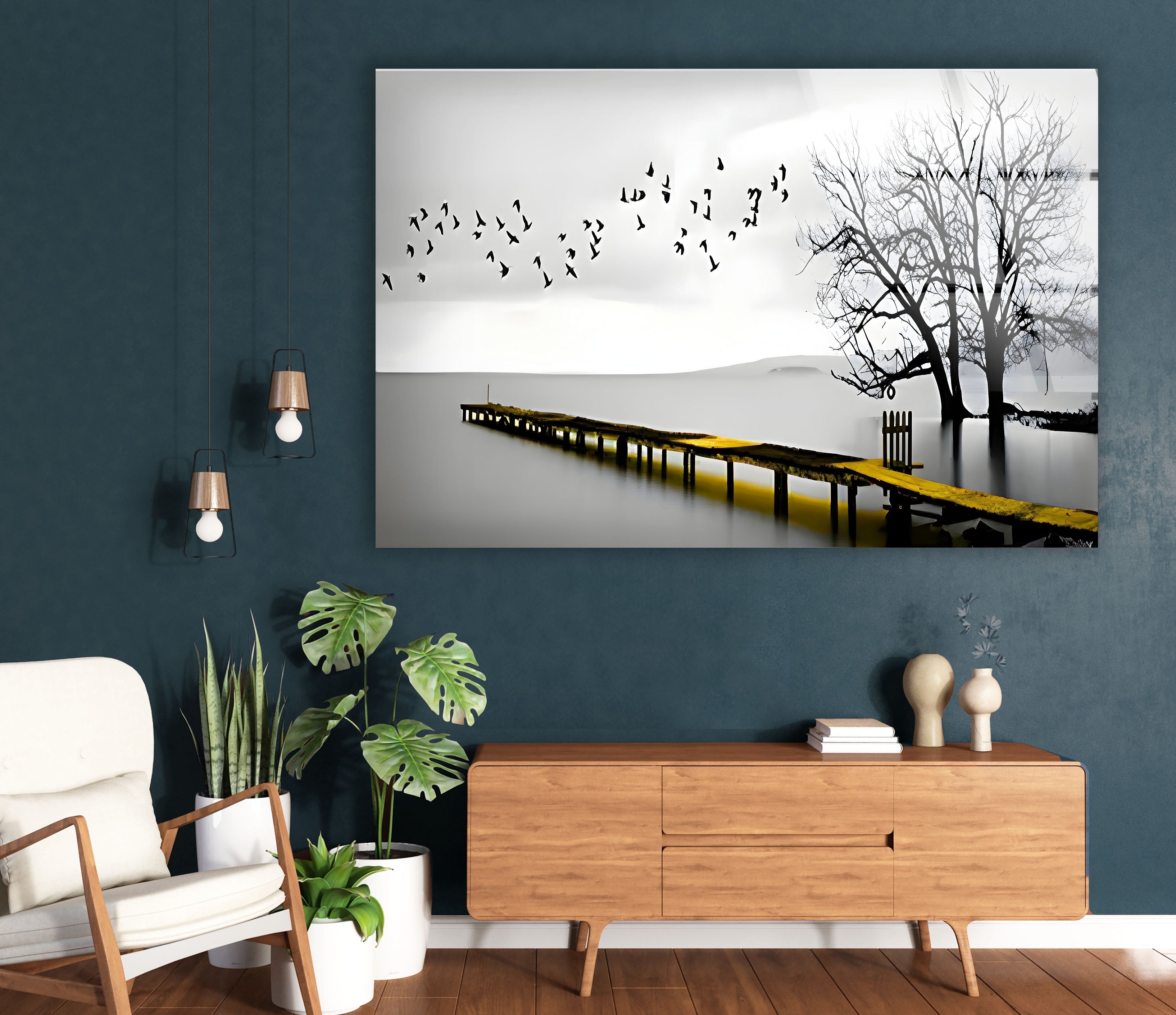 Black and White Dock & Birds Glass Wall Art - Elegant Coastal Decor for Living Room, Bedroom, or Office