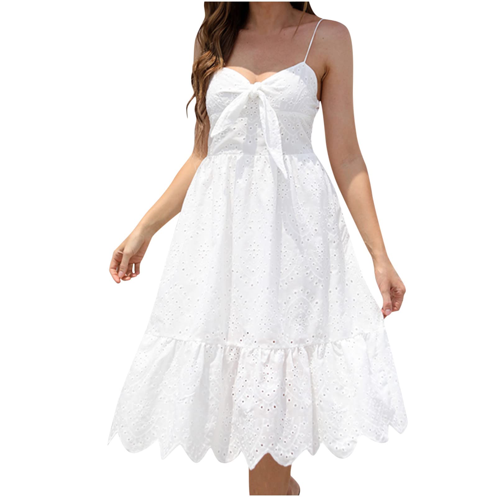 Boho Long Dress for Women - Elegant White Lace Sleeveless A-Line Swing Dress with Bowknot | Beach Wedding, Vacation, Summer Party Midi Dress