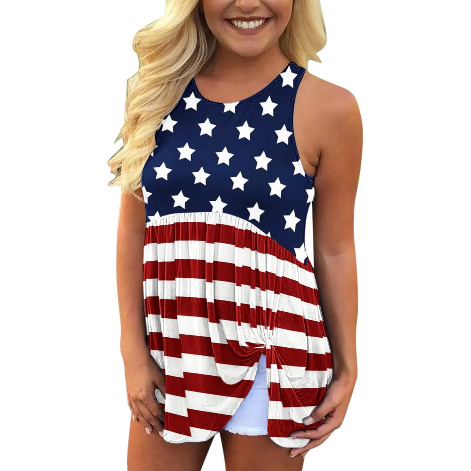 Women's Summer Sleeveless Tank Tops - Casual Round Neck Printed Loose Blouse with Ruffled Twist Design | Perfect for Beach, Vacation, and Everyday Wear