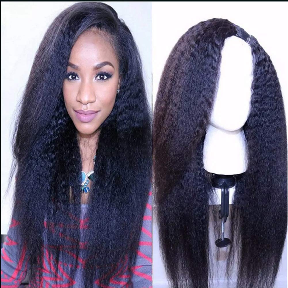 U Part Wigs Virgin Human Hair 1X3 Opening - Kingky Straight Brazilian Human Hair Wigs for Black Women - 150% Density 16 Inch Natural Black Color 10A Grade - Perfect for Daily Wear, Parties & Special Occasions