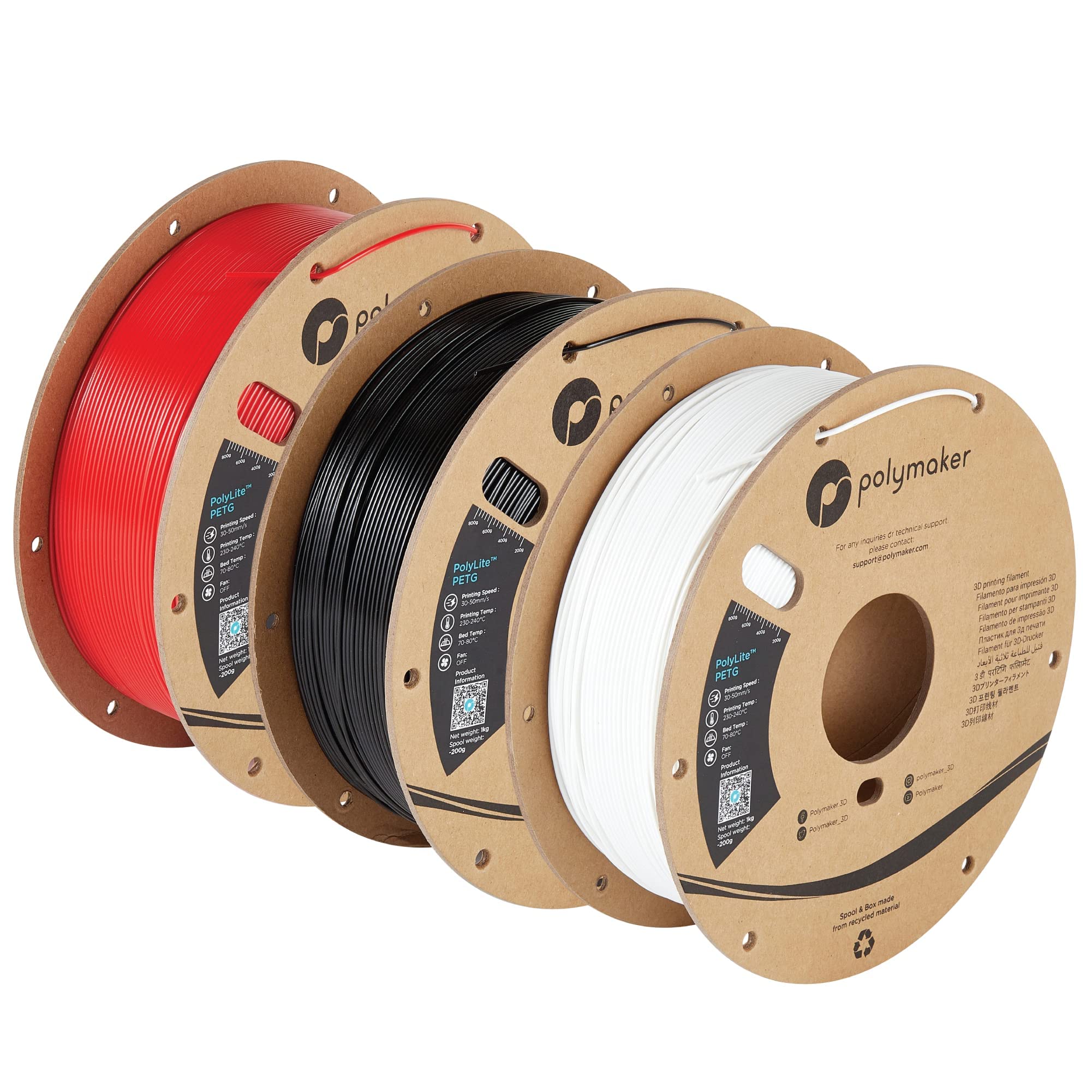 Polymaker PolyLite PETG 3D Printer Filament 1.75mm Bundle - 3 Spools (Black, White, Red) for High-Quality 3D Printing - Perfect for DIY Projects, Prototyping & Home Decor