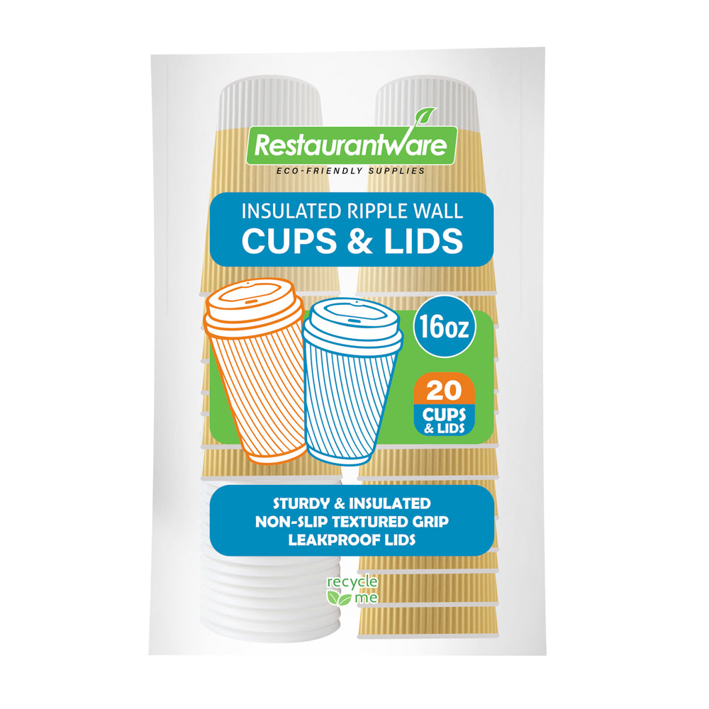 16 oz Light Yellow Ripple Wall Paper Coffee Cups with White Lids - 20 Count Bulk Pack (3.5