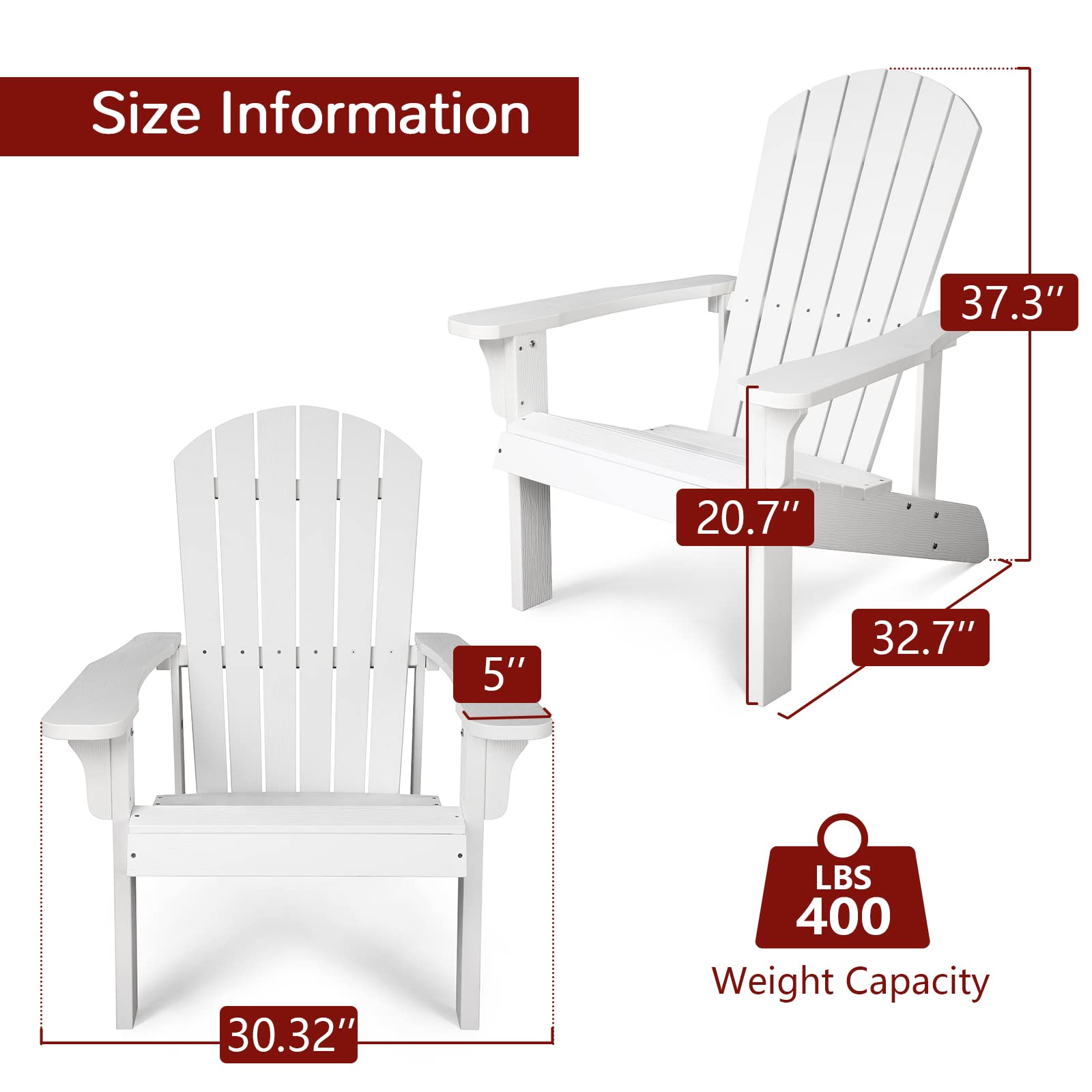 Stoog 4-Piece All-Weather Adirondack Chair Set - Heavy Duty 400 lbs Capacity Outdoor Patio Furniture - Durable Plastic Adirondack Chairs for Backyard, Garden, Deck, Poolside, Beach & Fire Pit - Perfect for Relaxing, Entertaining & Outdoor Gatherings - White