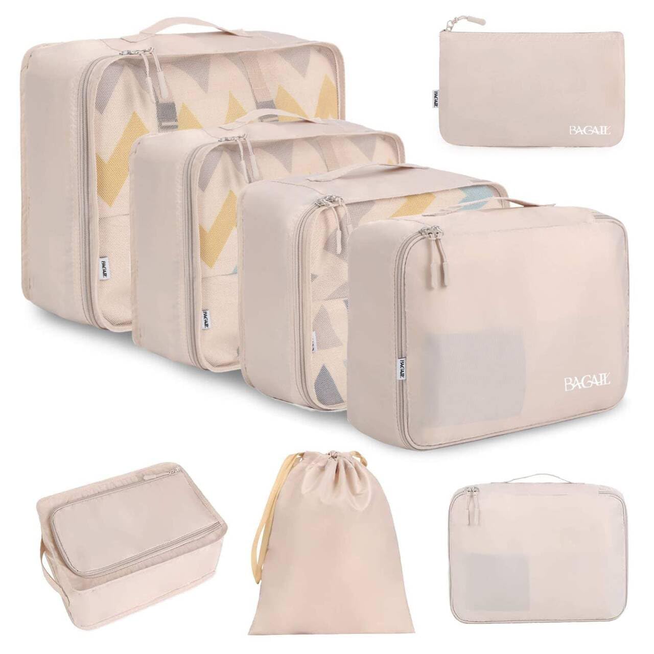 BAGAIL 8-Piece Packing Cubes Set - Travel Luggage Organizer Bags with Compression Zippers (Cream) - Perfect for Suitcase Organization, Business Trips & Vacation Packing