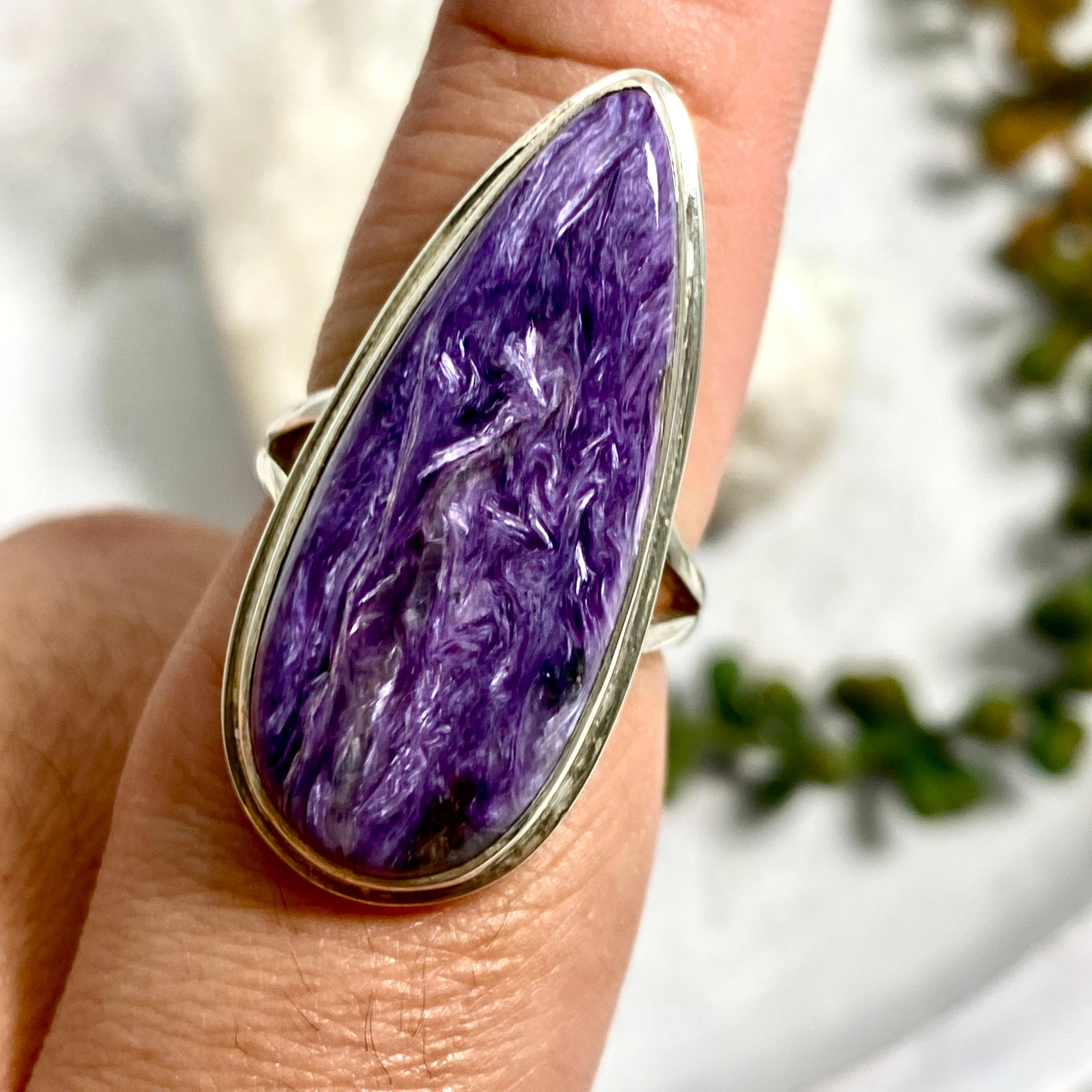 Charoite Teardrop Ring - Size 8 - KRGJ2078 - Elegant Purple Gemstone Jewelry for Women, Perfect for Weddings, Parties & Special Occasions