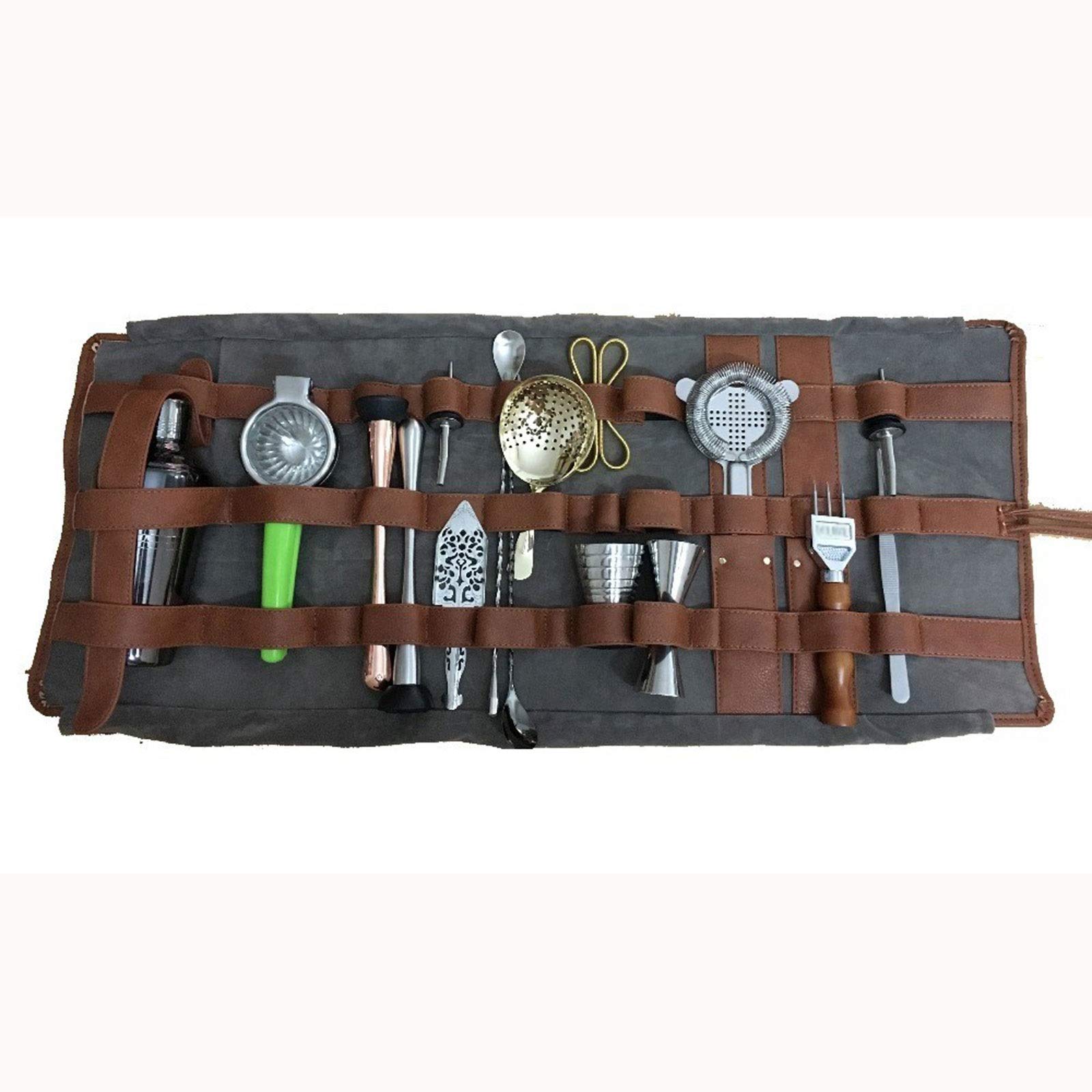 Professional Bartender Roll Up Kit Bag - Mixology Utility Bag with Cocktail Shaker | Barware Organizer for Bartenders & Home Bars (Brown) | Perfect for Cocktail Making & Bar Tools Storage | Ideal for Home Bars, Parties, Professional Events & Outdoor Entertaining | Great Gift for Mixologists | Use for Home Cocktail Parties, Wedding Receptions, BBQs, Tailgating & Mobile Bartending