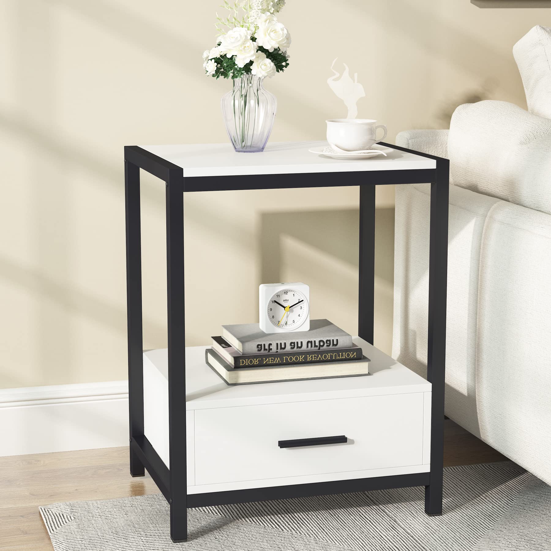 Tribesigns White Nightstand with 2 Drawers & Storage Shelf - Modern Bedside Table, End Table for Bedroom & Living Room - Gold & White Accent Furniture (1PC) - Perfect for Small Spaces & Apartment Decor