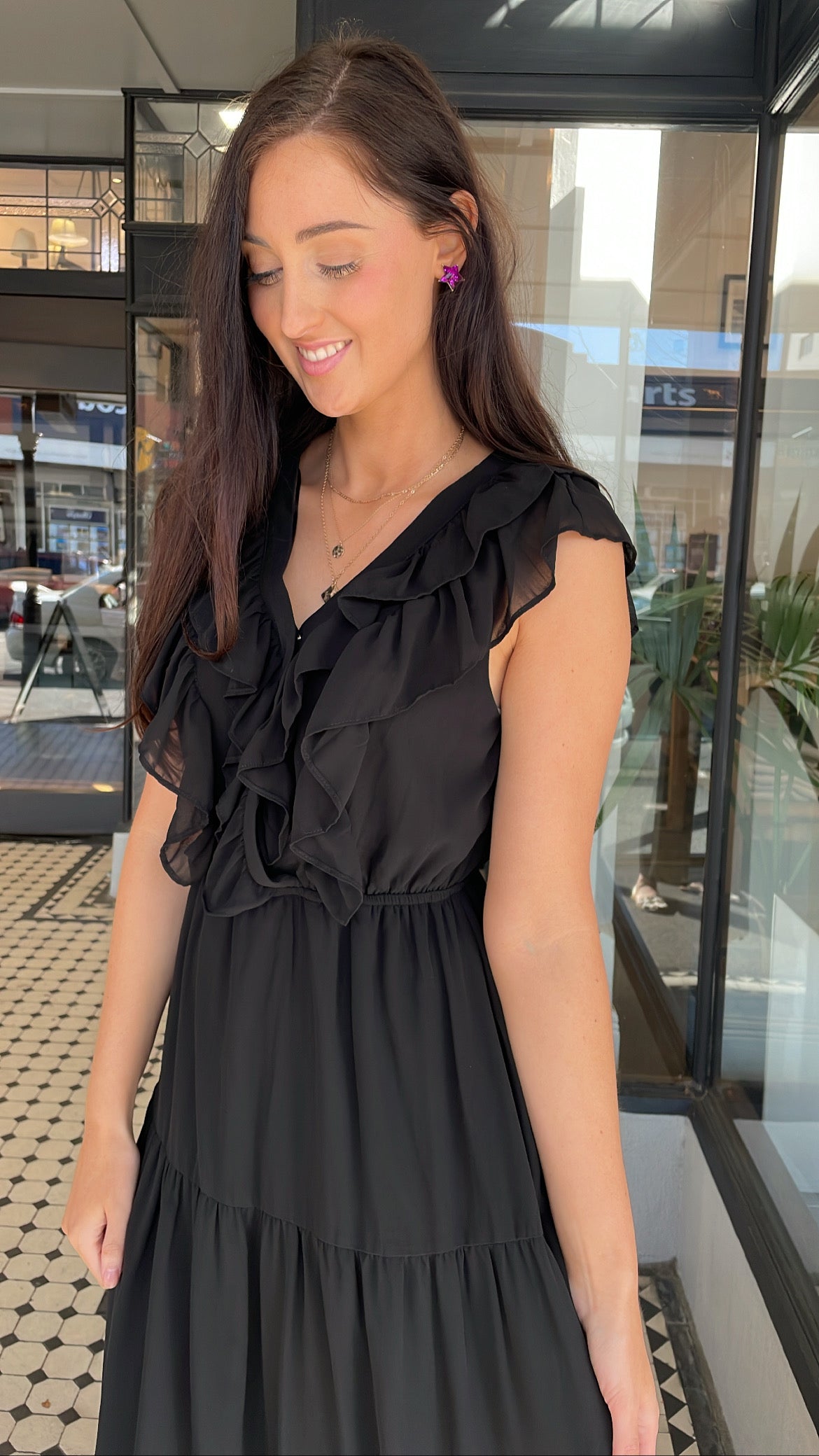 Serena Chiffon Tiered Midi Maxi Dress Black - Elegant Flowy Summer Dress for Women, Perfect for Weddings, Parties & Beach Vacations
