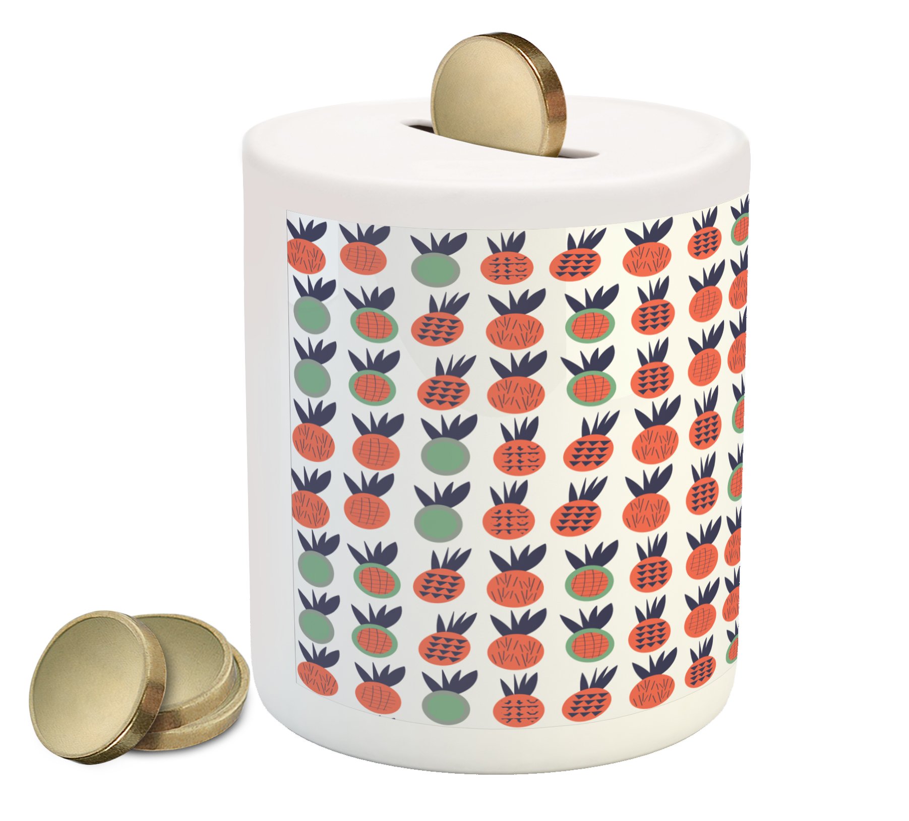 Ambesonne Abstract Ceramic Piggy Bank with Pineapple, Triangle & Checkered Design - Green, Coral & Blue Money Saving Box for Kids & Adults | Perfect for Birthday Gifts, Home Decor & Cash Savings